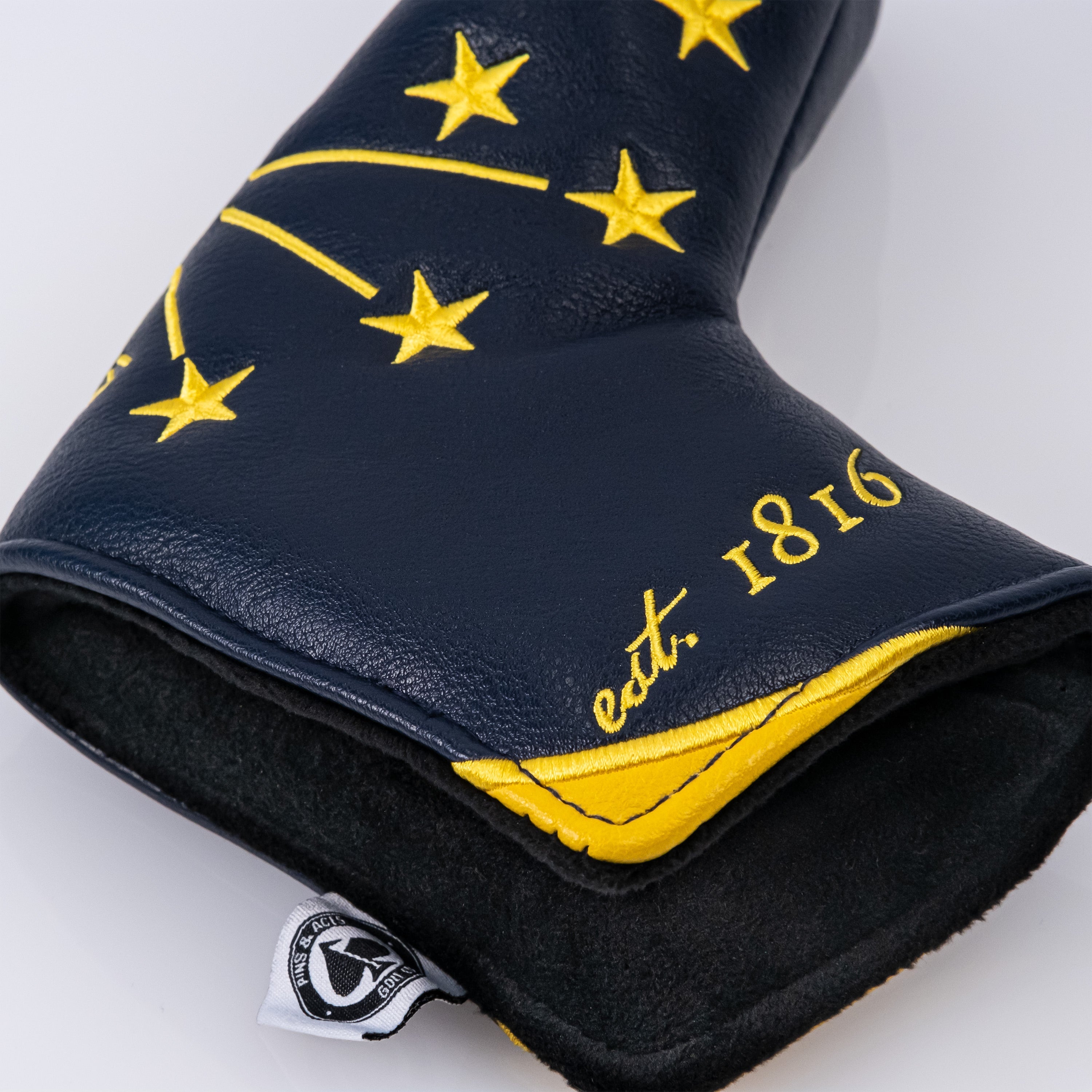 Indiana State Flag blade putter cover featuring a navy blue design with gold stars and "est. 1816" detail.