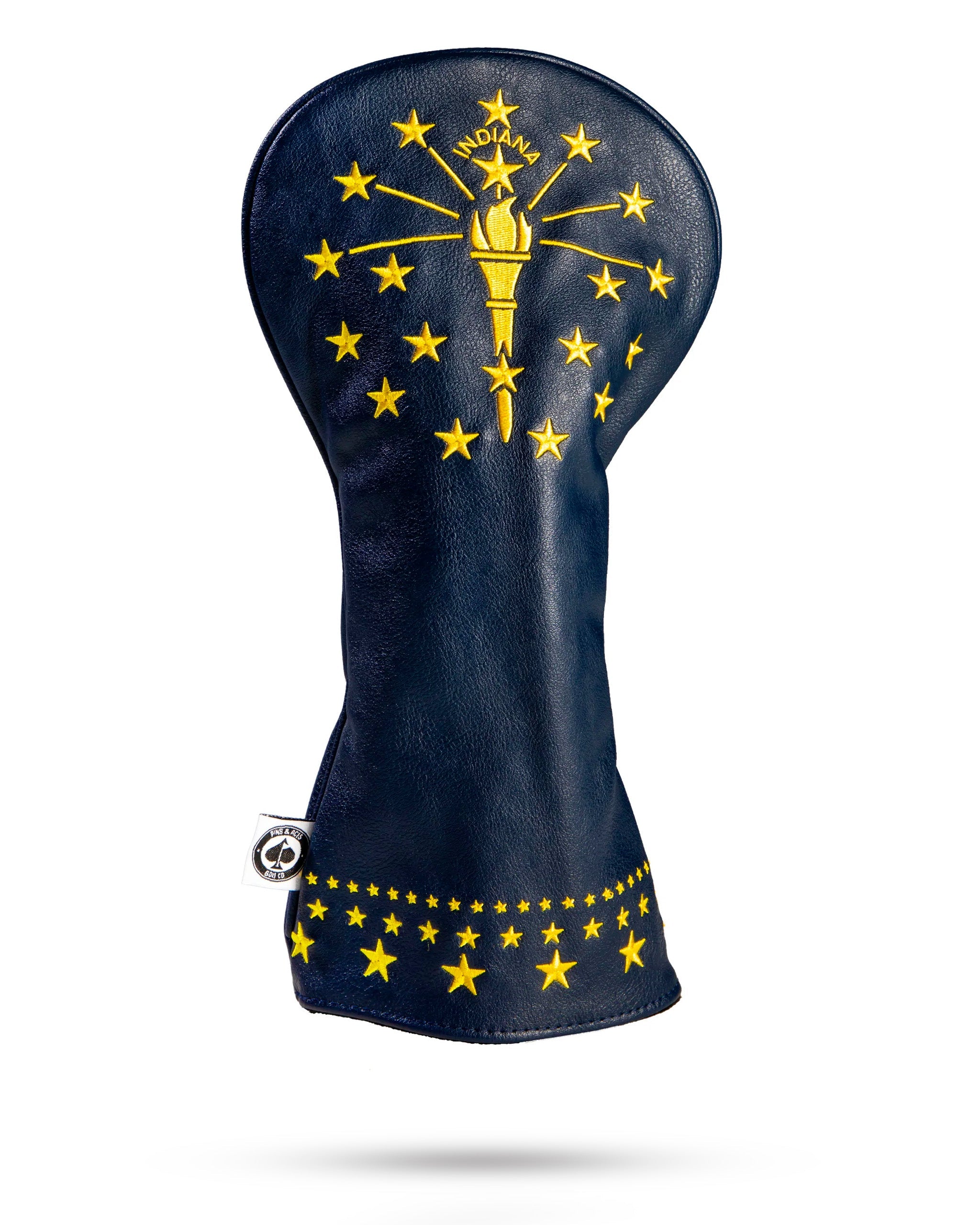 Indiana State Flag driver cover featuring a blue background with gold stars and a torch design, perfect for golfers.