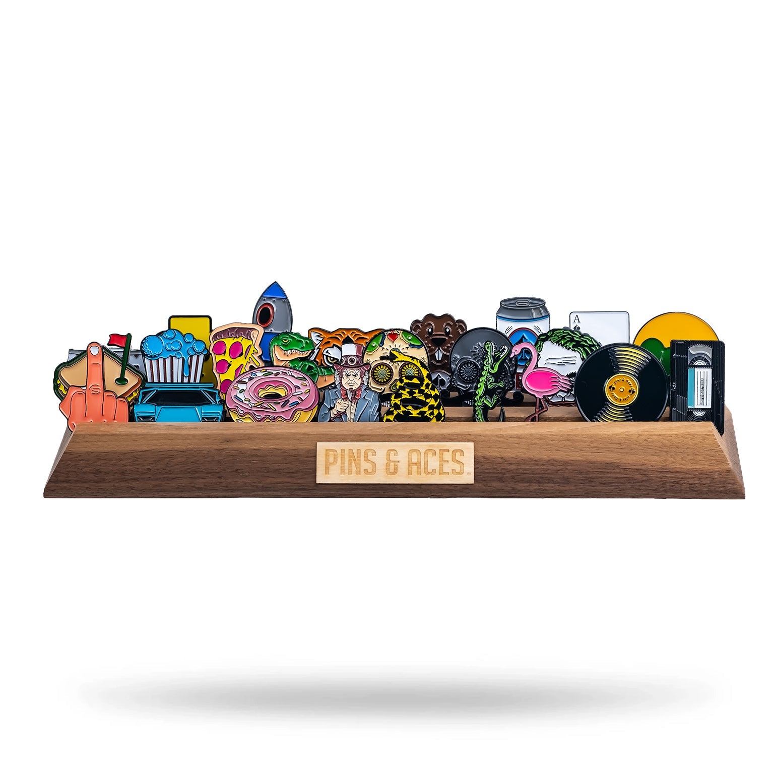 Wooden ball marker display featuring a variety of colorful, unique markers, showcasing fun designs for golf enthusiasts.