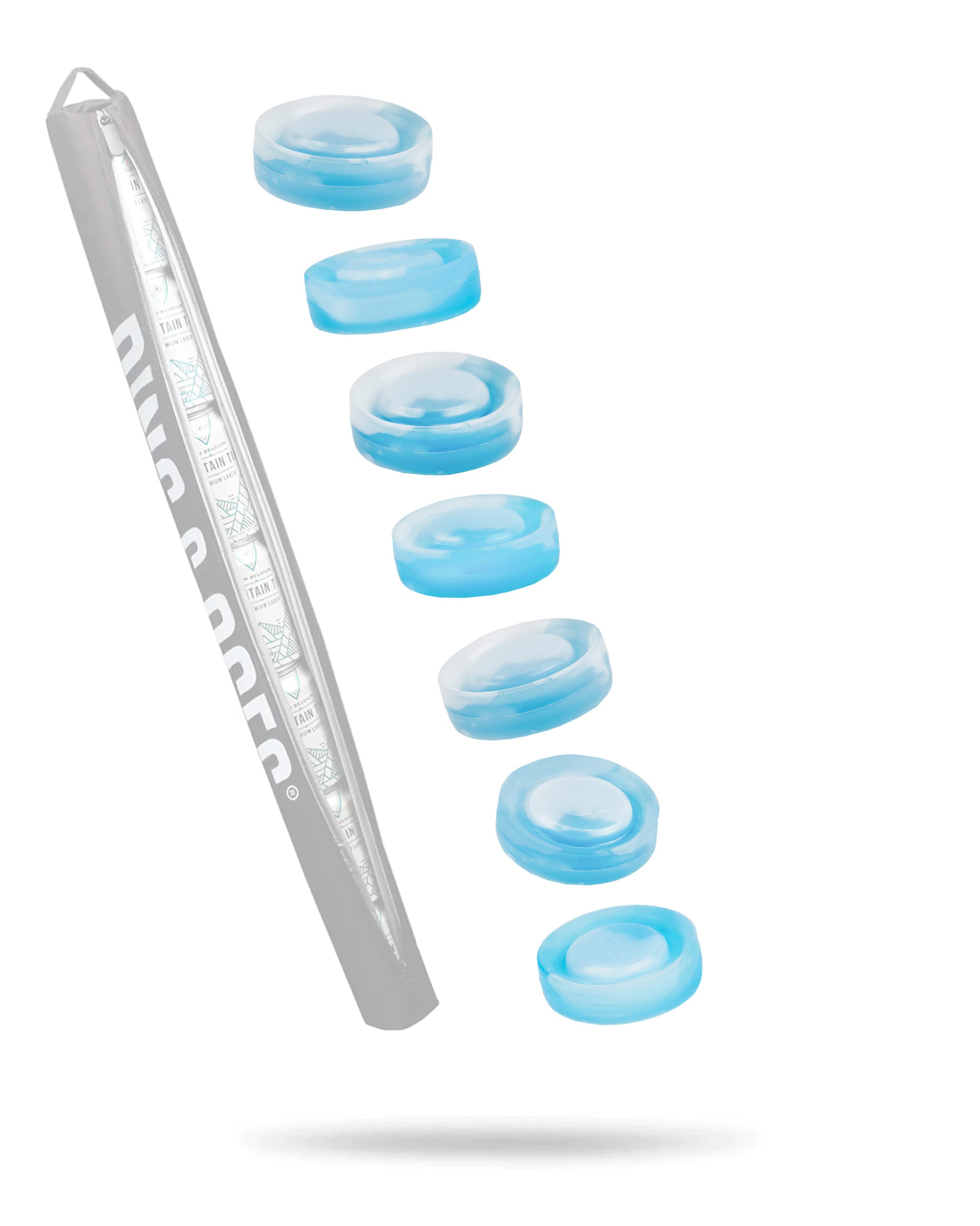 Beer Sleeve Ice Pucks in a clear packaging, featuring blue ice pucks designed to keep beverages cold on the golf course.