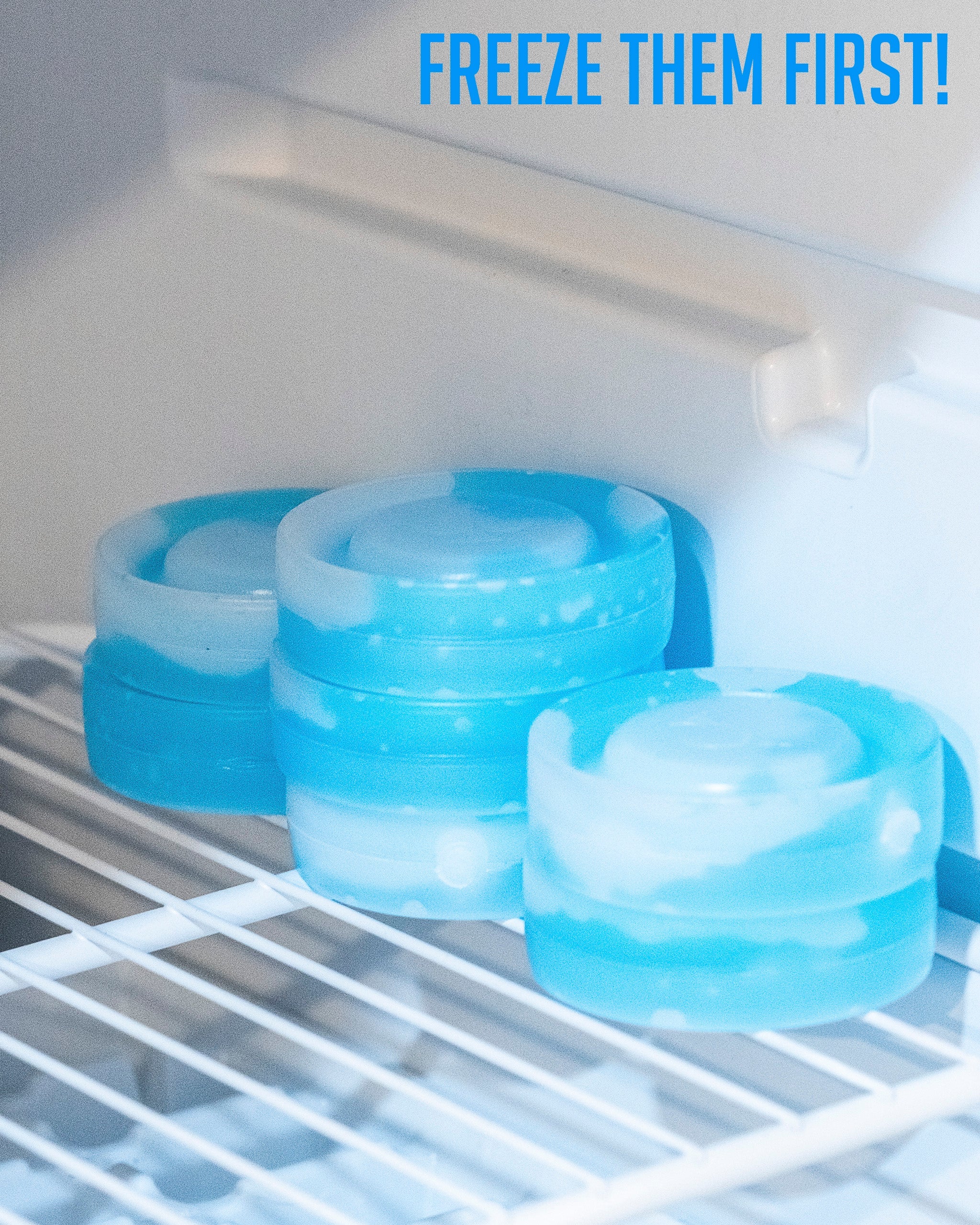 Beer Sleeve Ice Pucks stored in a freezer, ready to be frozen for keeping drinks cold on the golf course.