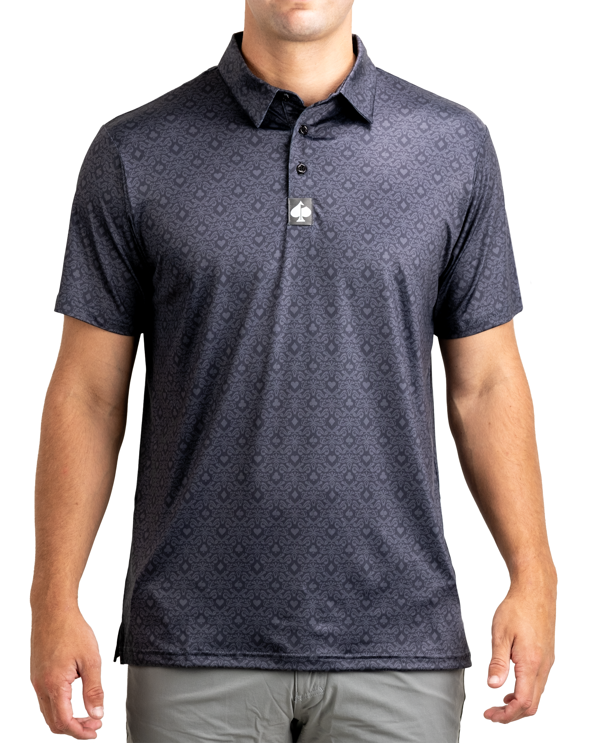 Men's golf polo shirt in dark navy with a subtle playing card pattern, designed for style and comfort on the course.