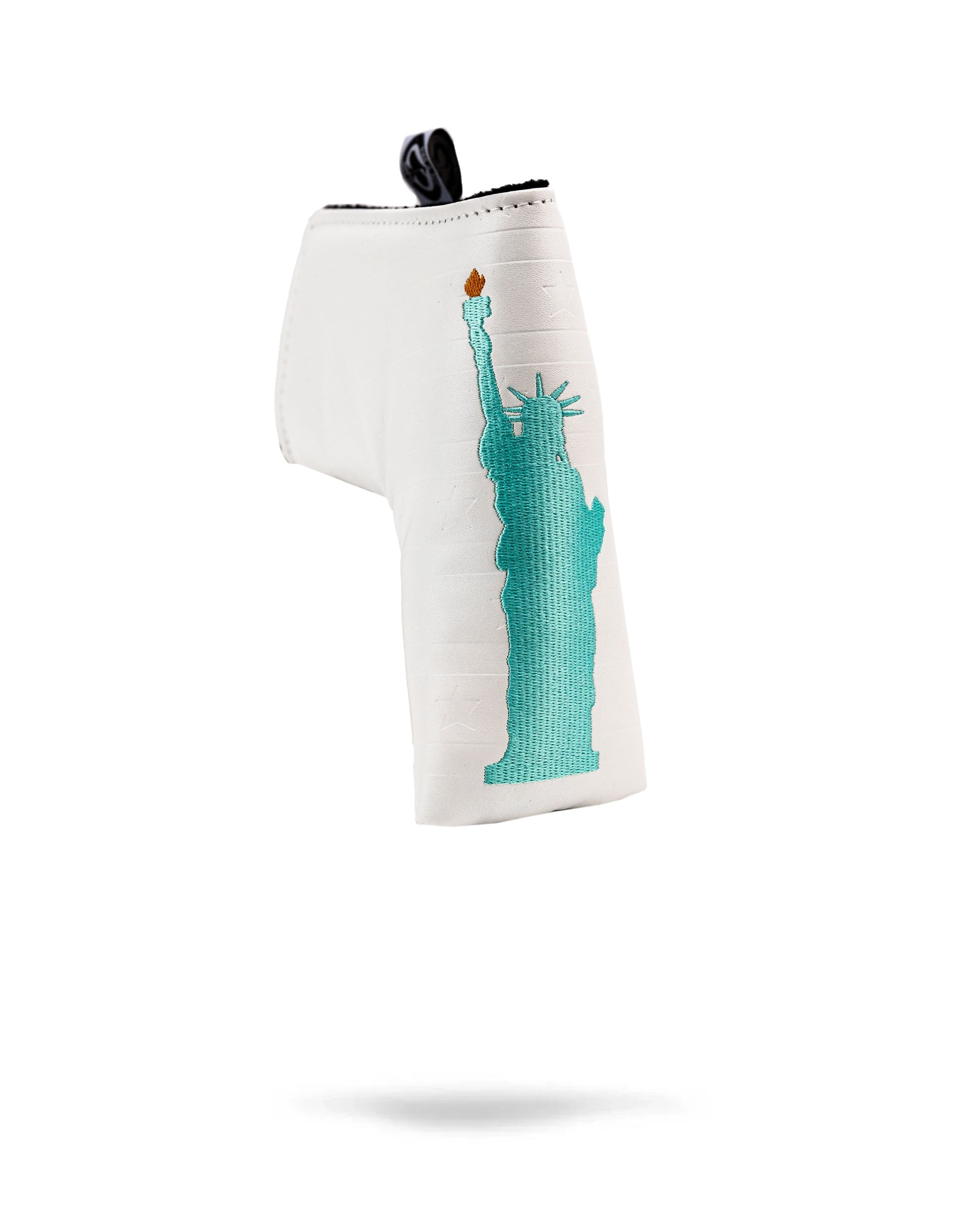 Liberty Blade Putter Cover featuring a teal Statue of Liberty design on a white background for stylish golf protection.