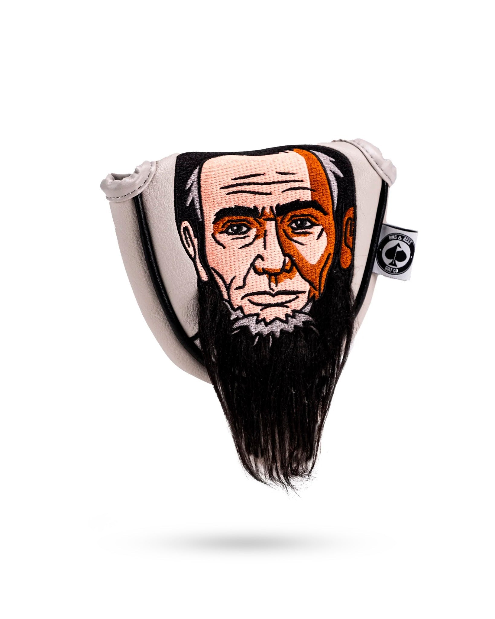 Lincoln mallet putter cover featuring a detailed illustration of Abraham Lincoln with a beard and vibrant colors.