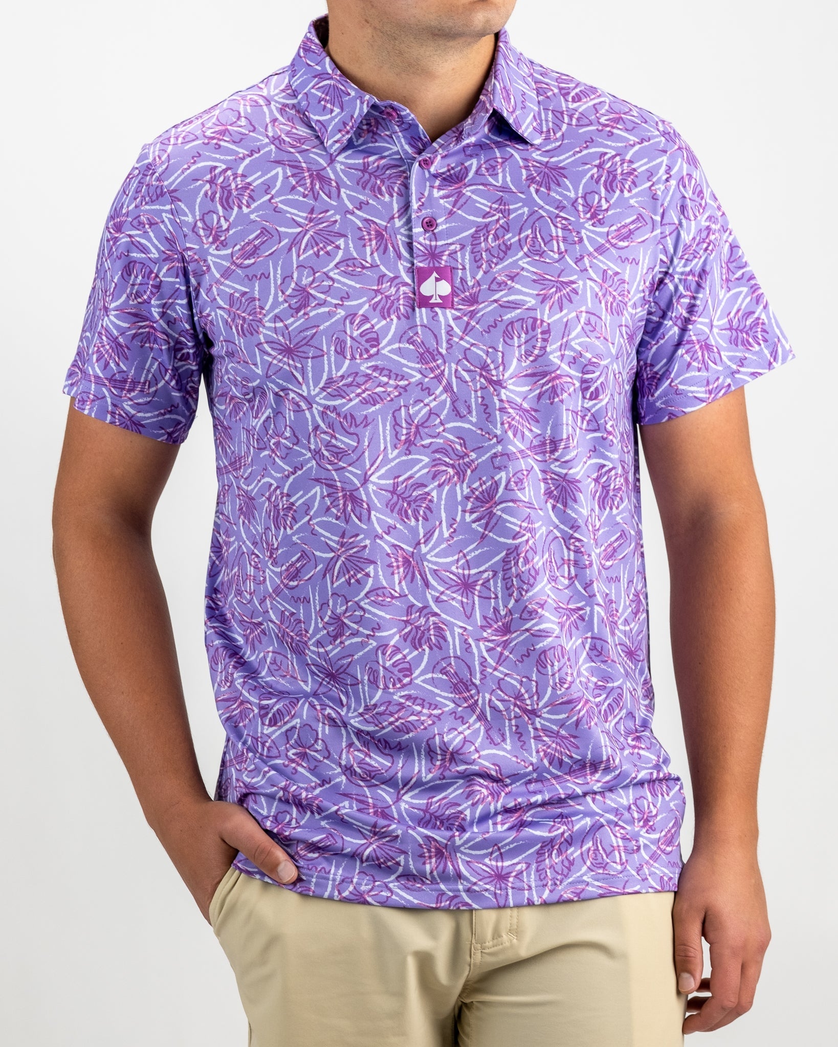 Men's Margaritaville 5 O'Clock Sunset polo shirt in purple with a vibrant floral pattern, perfect for stylish golf outings.