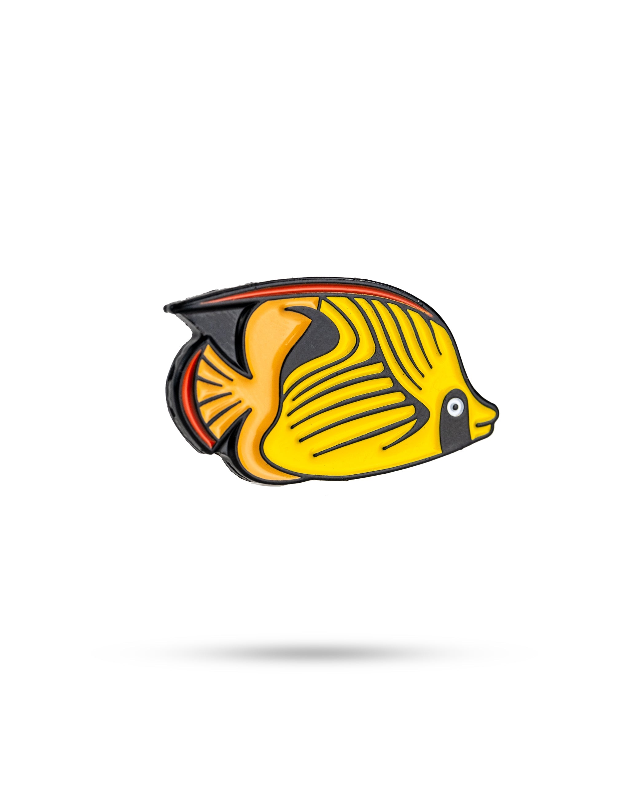 Brightly colored angel fish ball marker featuring yellow and black stripes, perfect for adding flair to your golf game.