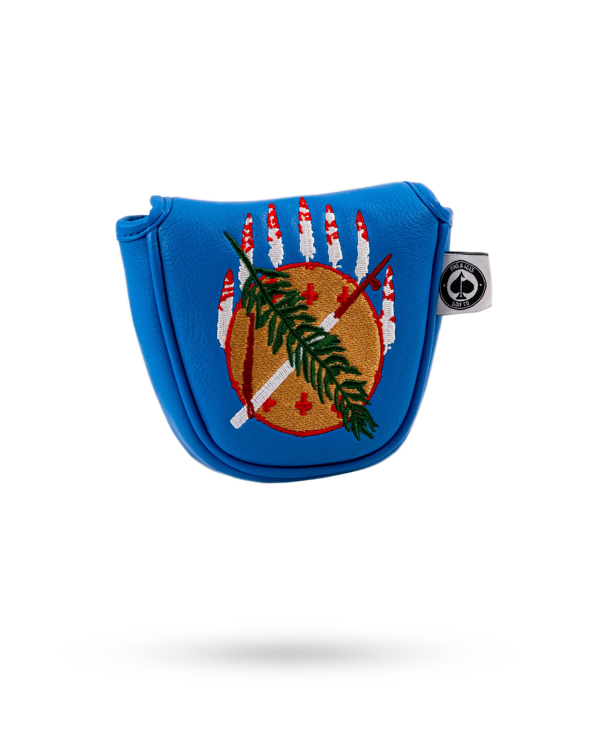 Oklahoma State flag mallet putter cover featuring a vibrant blue design with a handprint and decorative elements.