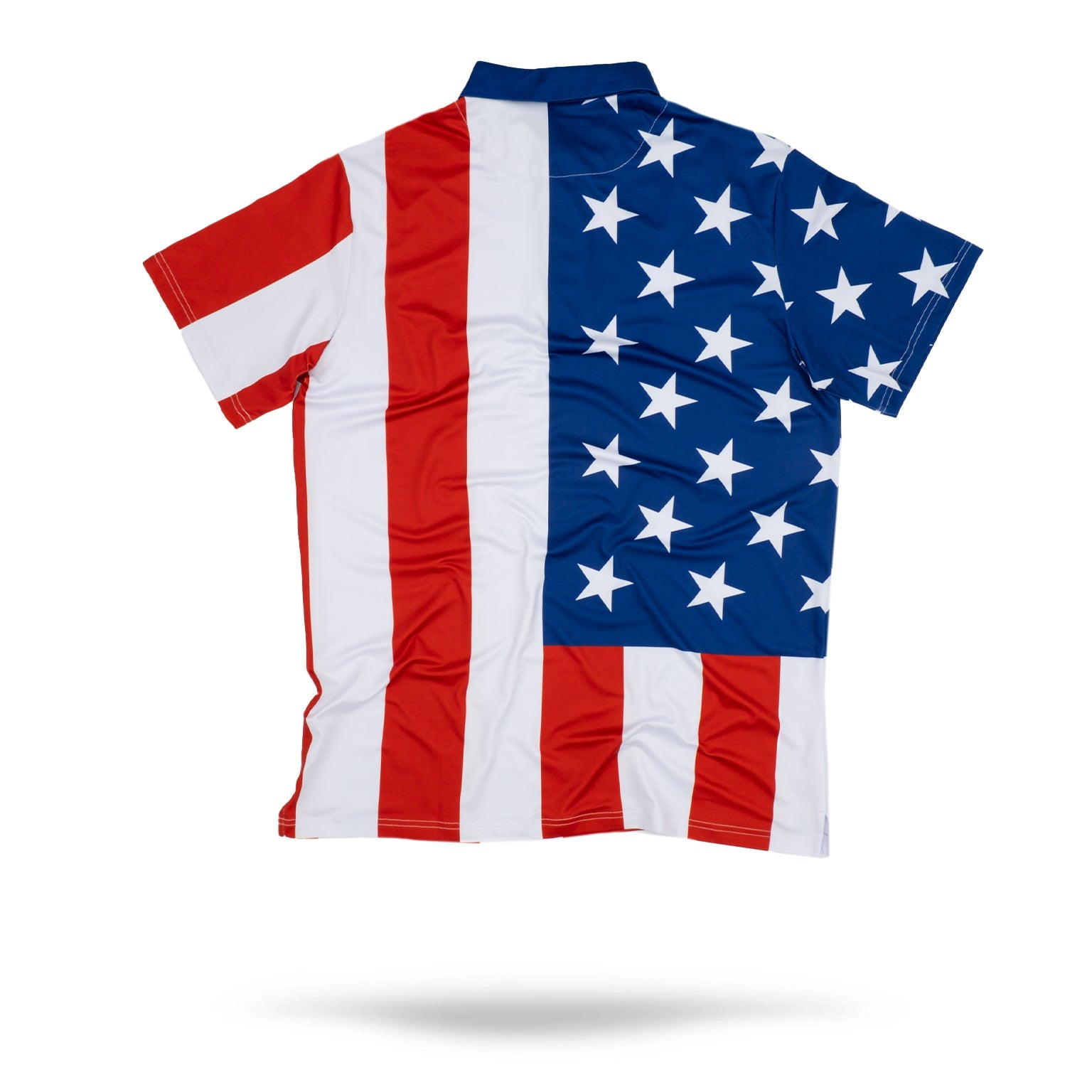 Bold golf polo shirt featuring a vibrant American flag design with red, white, and blue colors and star patterns.