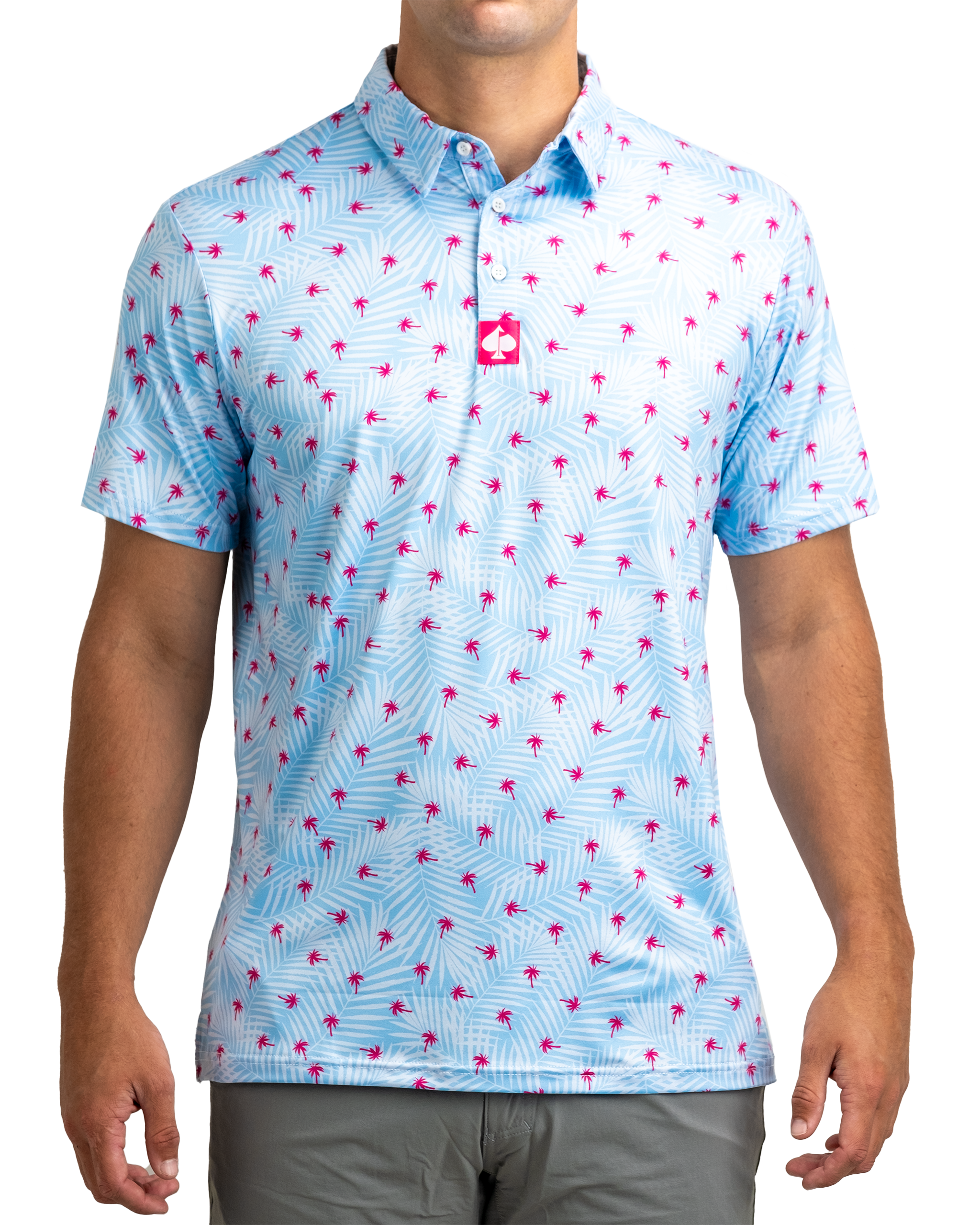 Light blue golf polo shirt featuring a vibrant palm tree pattern in pink, perfect for stylish golfers on the course.