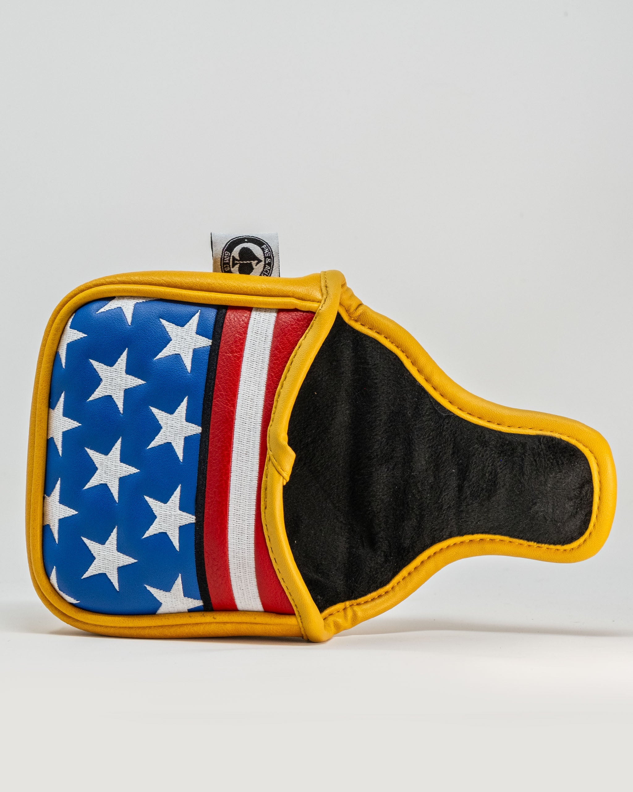 Patriot mallet cover featuring a bold American flag design with stars and stripes, accented with a yellow trim.