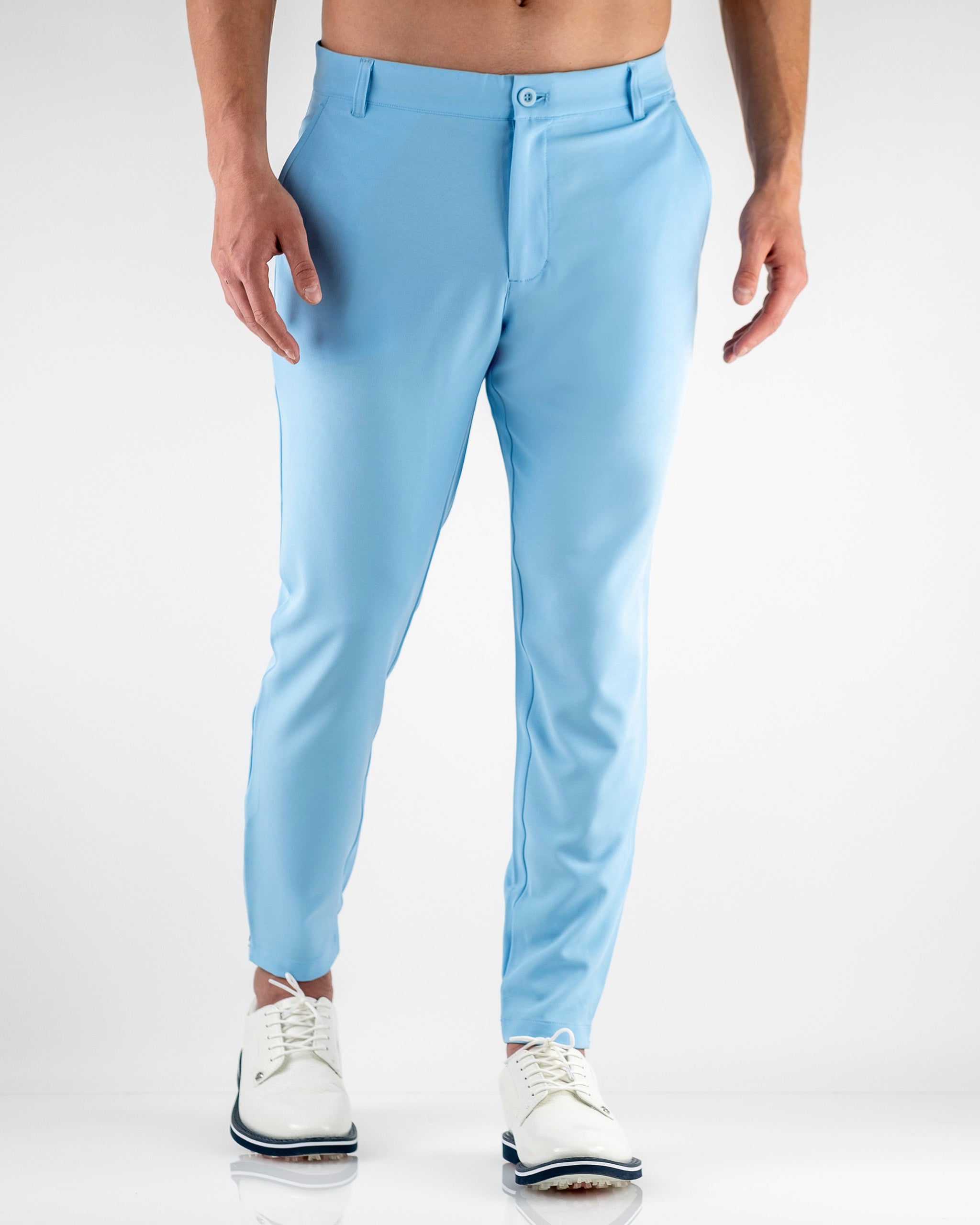 Sky blue performance joggers for men, designed for comfort and style on and off the golf course.