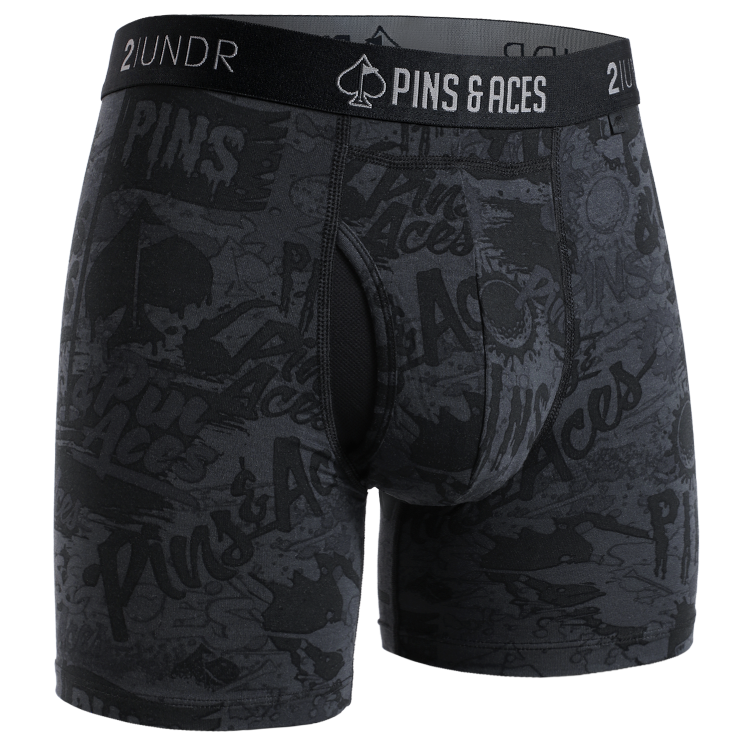 Men's 2UNDR x P&A Swing Shift 6" Box Briefs featuring a graffiti splatter design in black and gray tones.