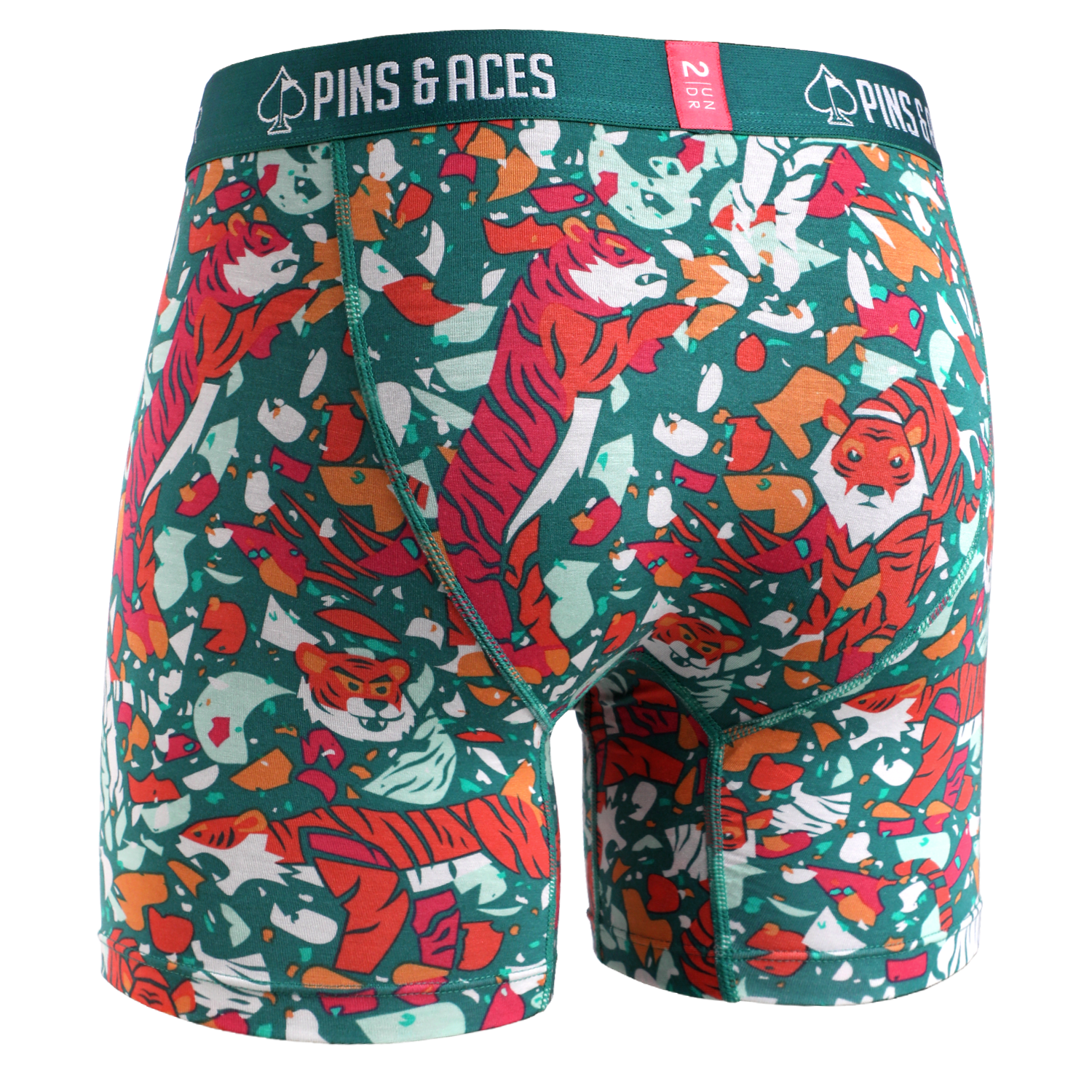 Bold 6-inch box briefs featuring a vibrant tiger print design, perfect for golfers seeking comfort and style on the course.