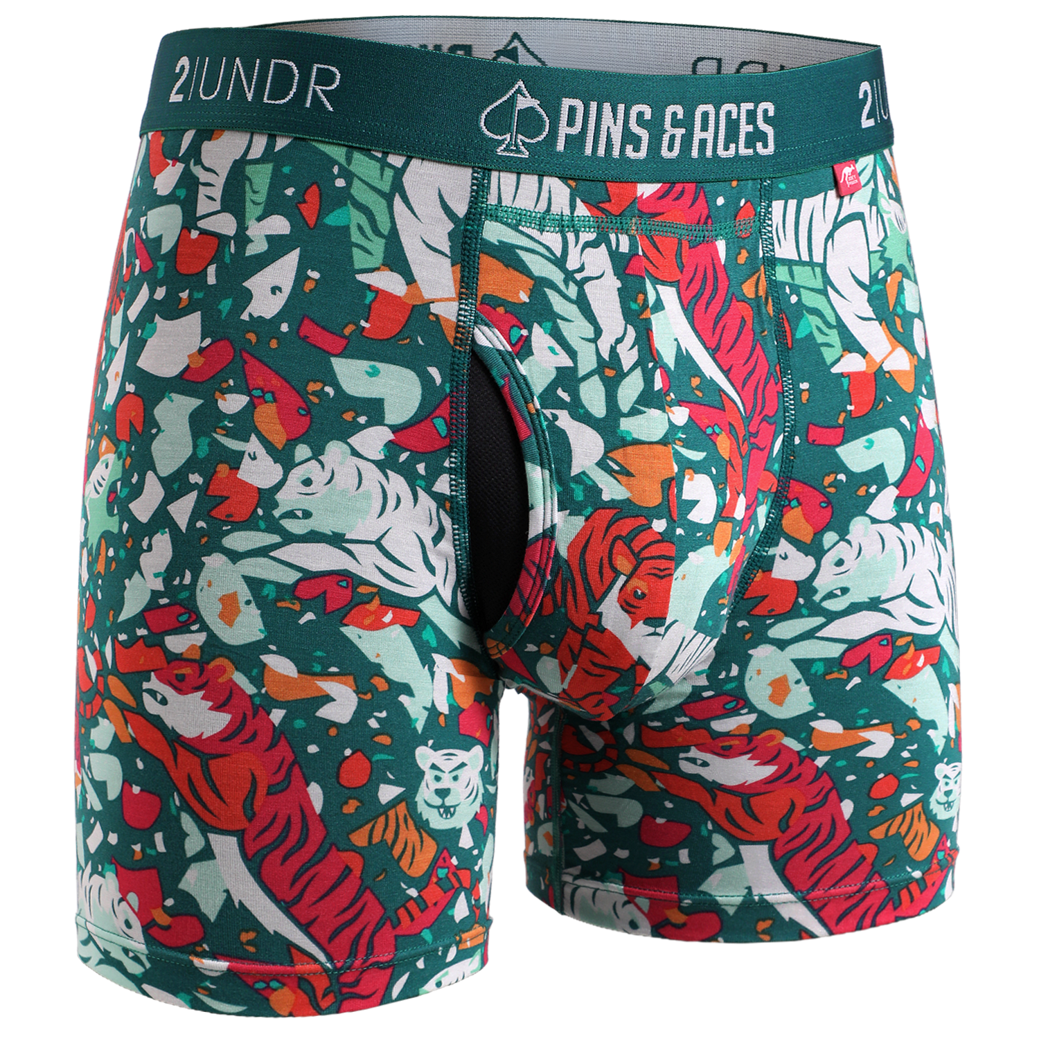 Bold 2UNDR x P&A Swing Shift 6" Box Briefs featuring a vibrant tiger print design, perfect for stylish comfort on the golf course.