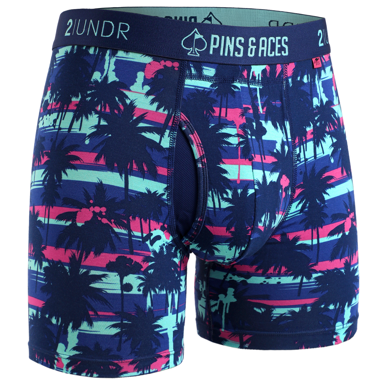 Bold 2UNDR x P&A Swing Shift 6" Box Briefs featuring a vibrant palm tree design in blue, pink, and green hues.