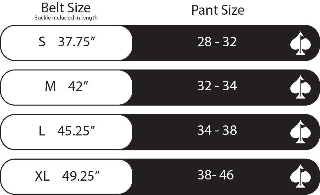 Size chart for Pins Belt - Cabo, detailing belt lengths and corresponding pant sizes from small to extra-large.