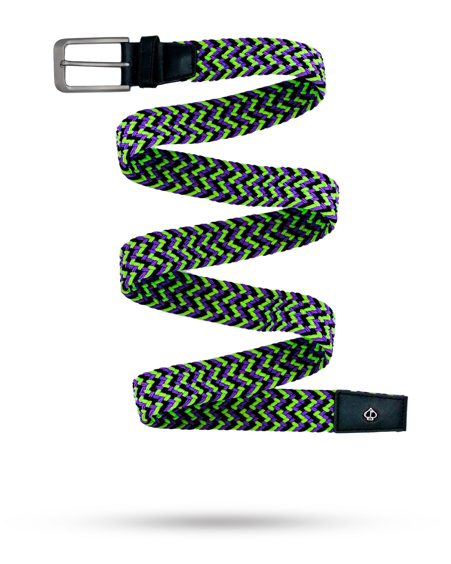 Bold woven belt in vibrant purple and green colors, featuring a sleek metal buckle, perfect for adding flair on the golf course.