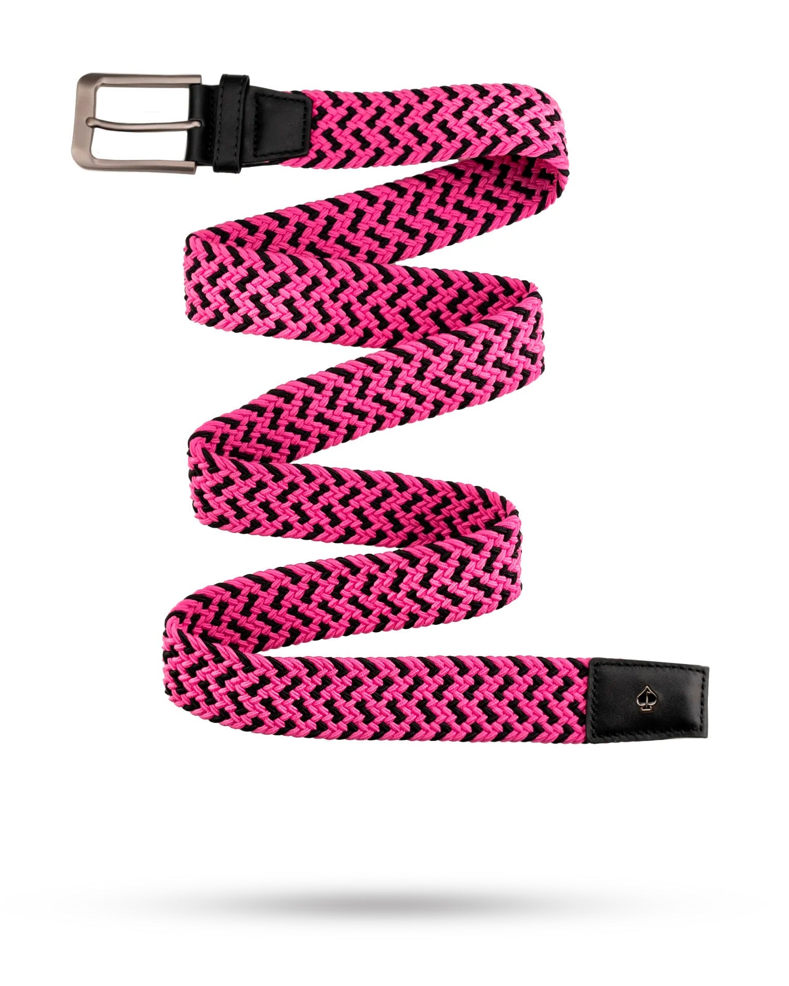Bold pink woven belt with a sleek metal buckle, perfect for adding a pop of color to any golf outfit.