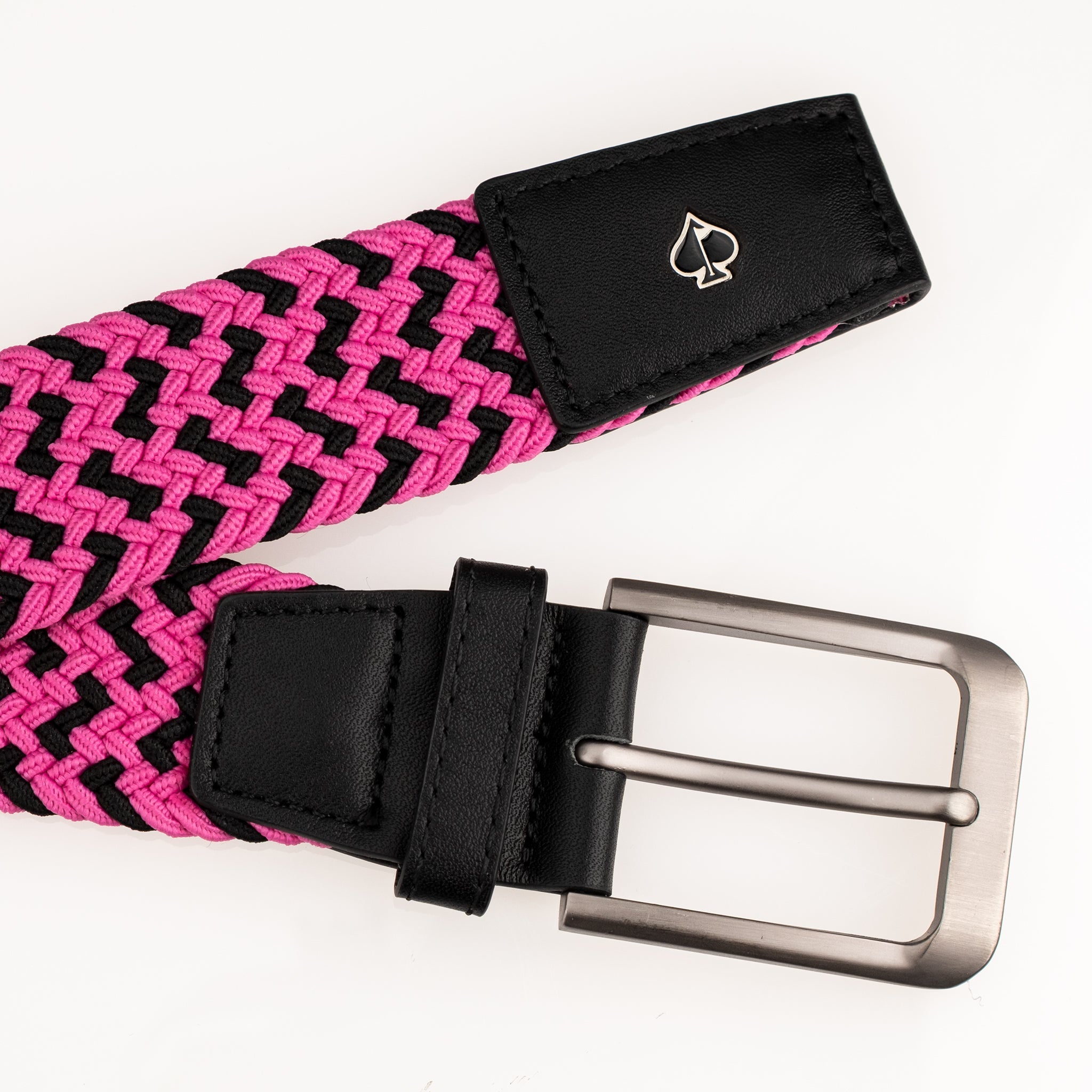 Bold pink and black woven belt with a sleek metal buckle and a logo patch, perfect for adding style on the golf course.
