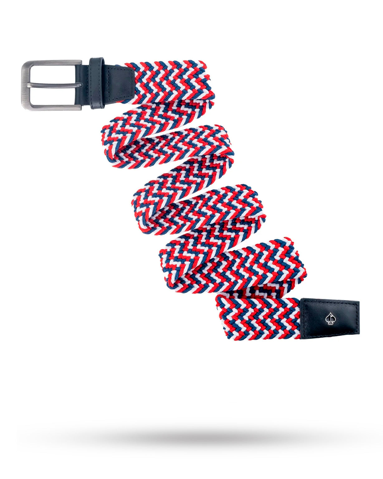 Woven red, white, and blue belt with a silver buckle, perfect for adding style to golf attire.