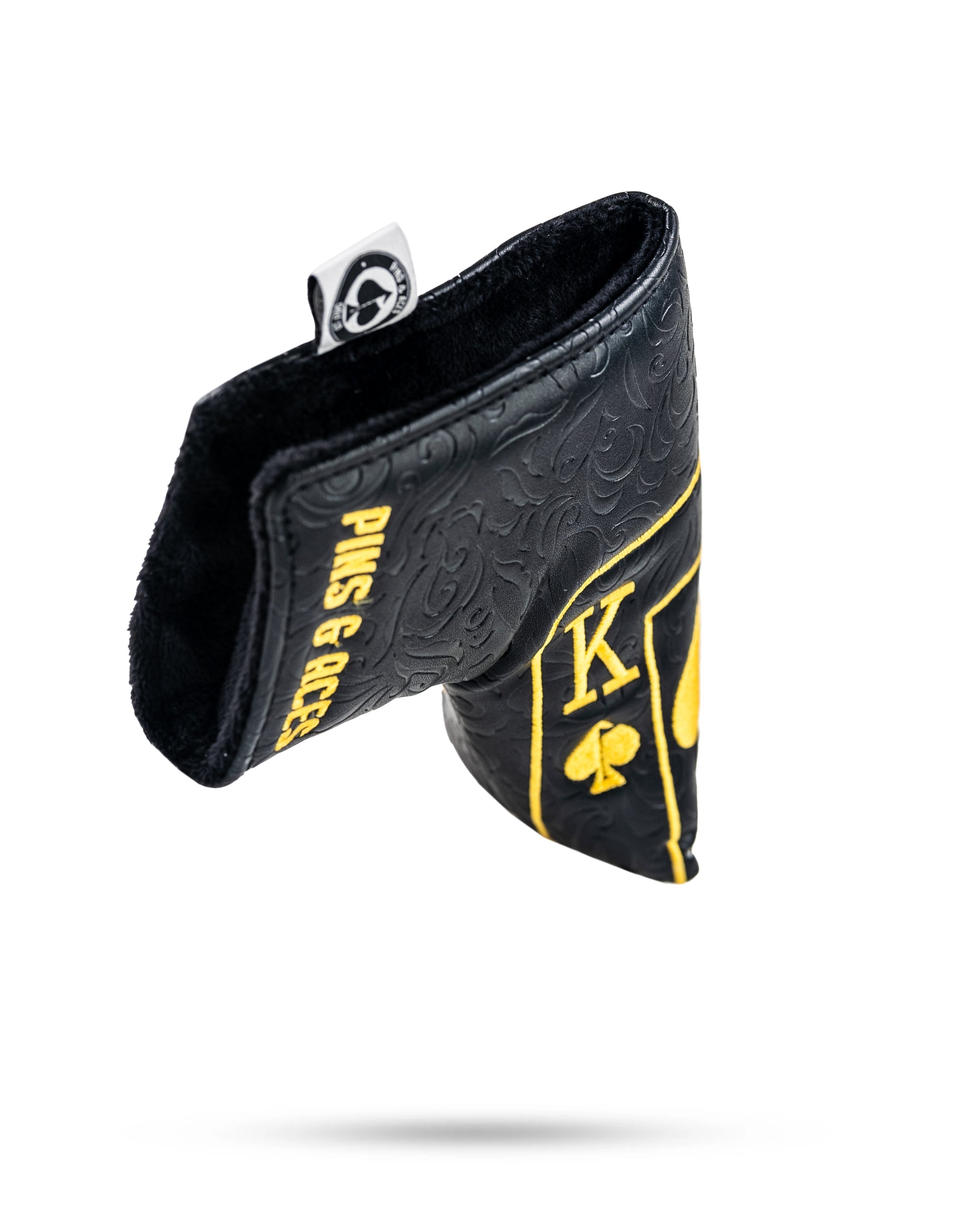 Black and gold Ace of Spades blade putter cover featuring a stylish design and soft interior for protection.