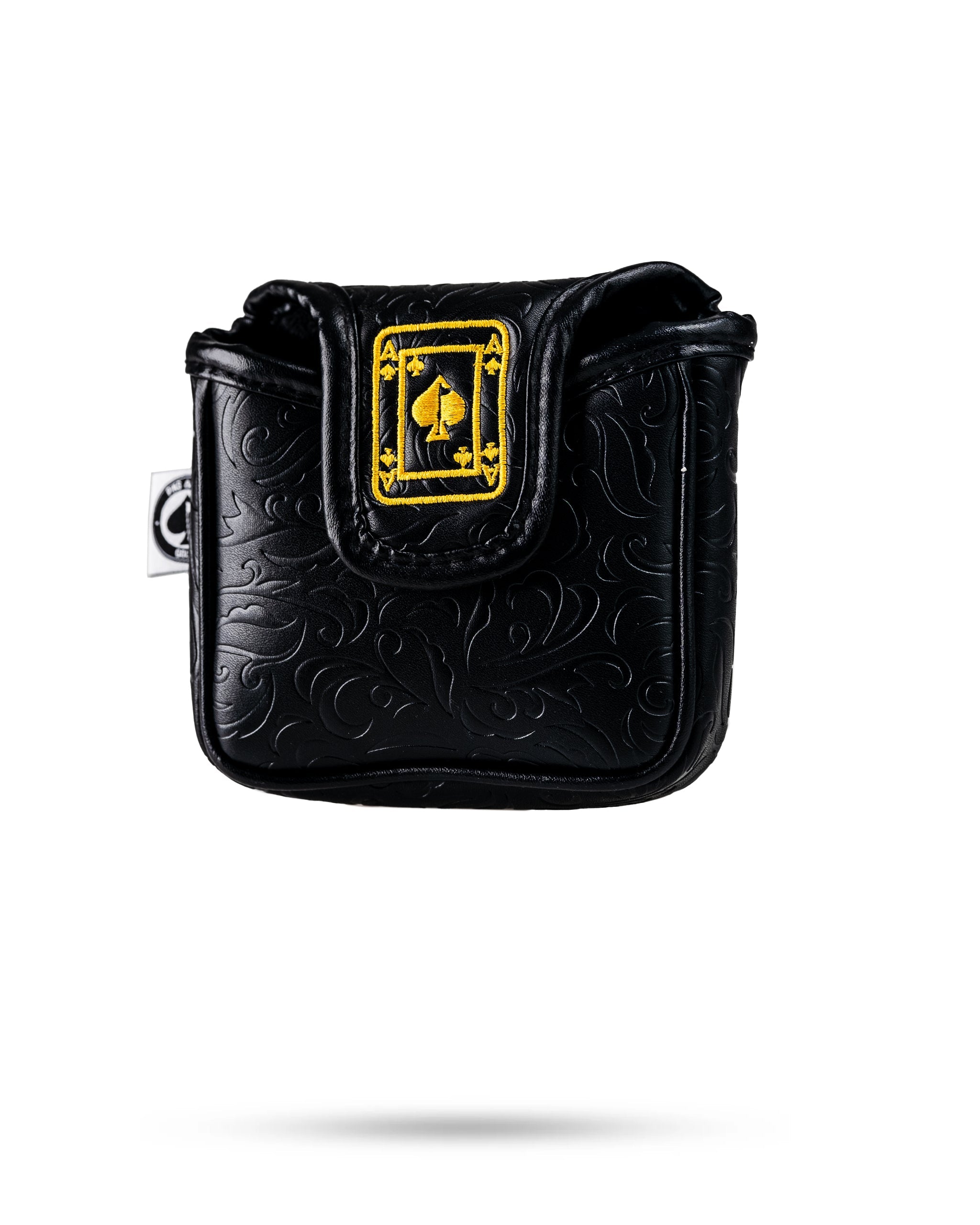 Black and gold mallet putter cover featuring an Ace of Spades design with intricate embossed detailing.