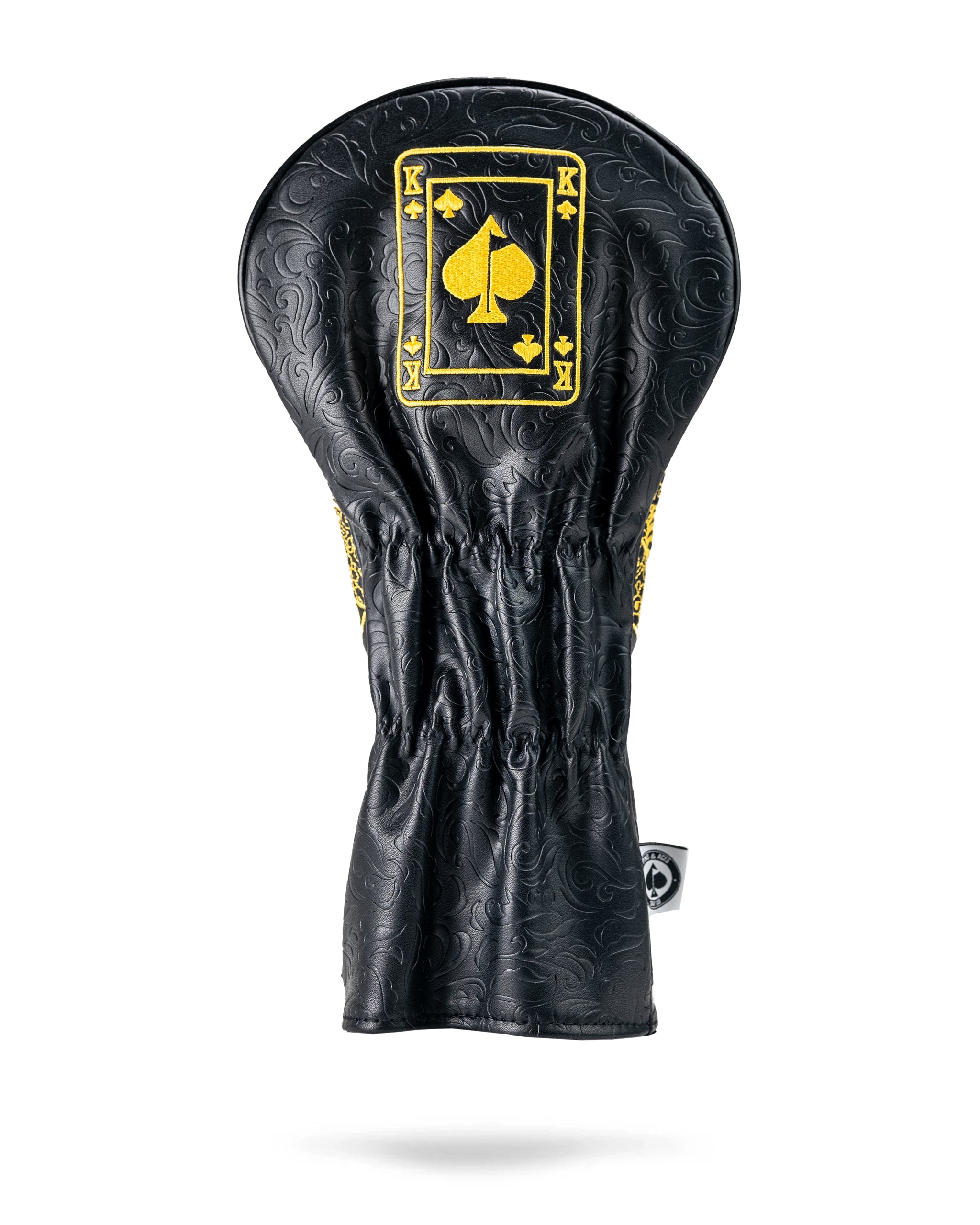 Black and gold driver cover featuring a King of Spades design, perfect for golfers seeking a bold accessory.