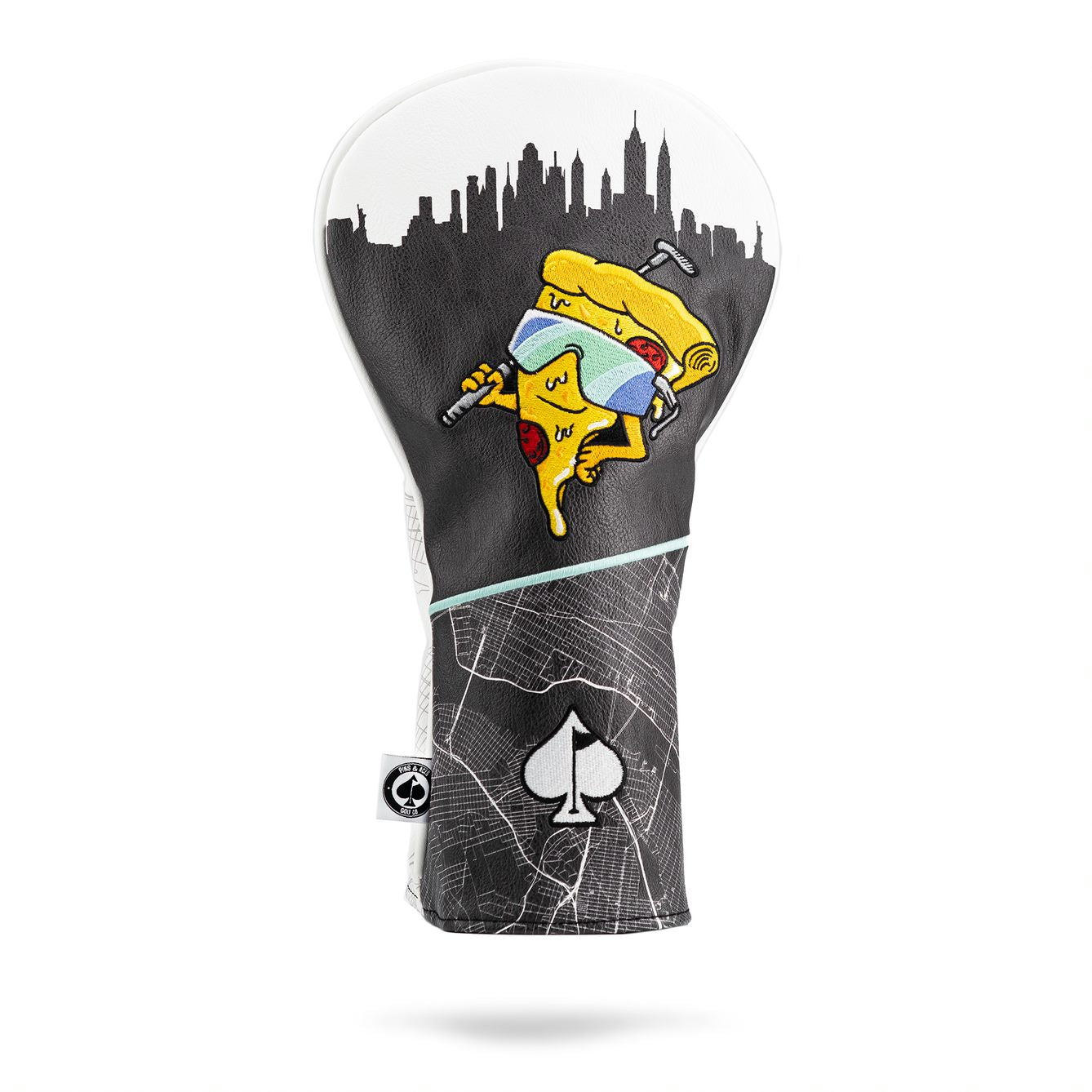 Bold Shady Slice Driver Cover featuring a playful pizza character with a skyline backdrop, perfect for standout golf style.