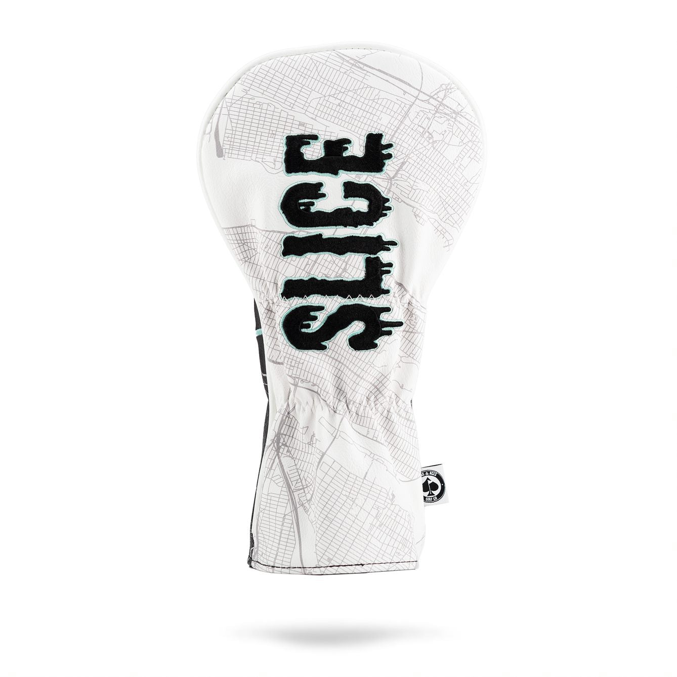 Bold white driver cover featuring "SLICE" in black lettering, designed with a unique map pattern for stylish golf protection.