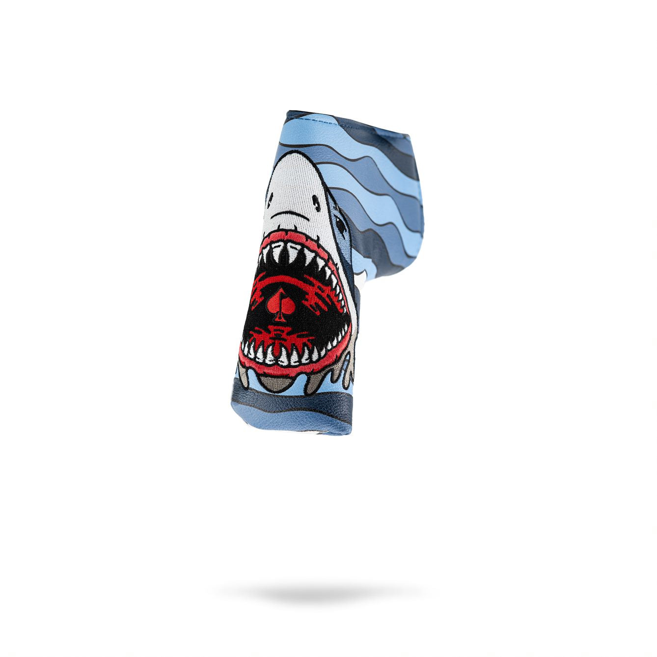 Bold Shark Attack blade putter cover featuring a fierce shark design on a blue background, perfect for standout golf style.