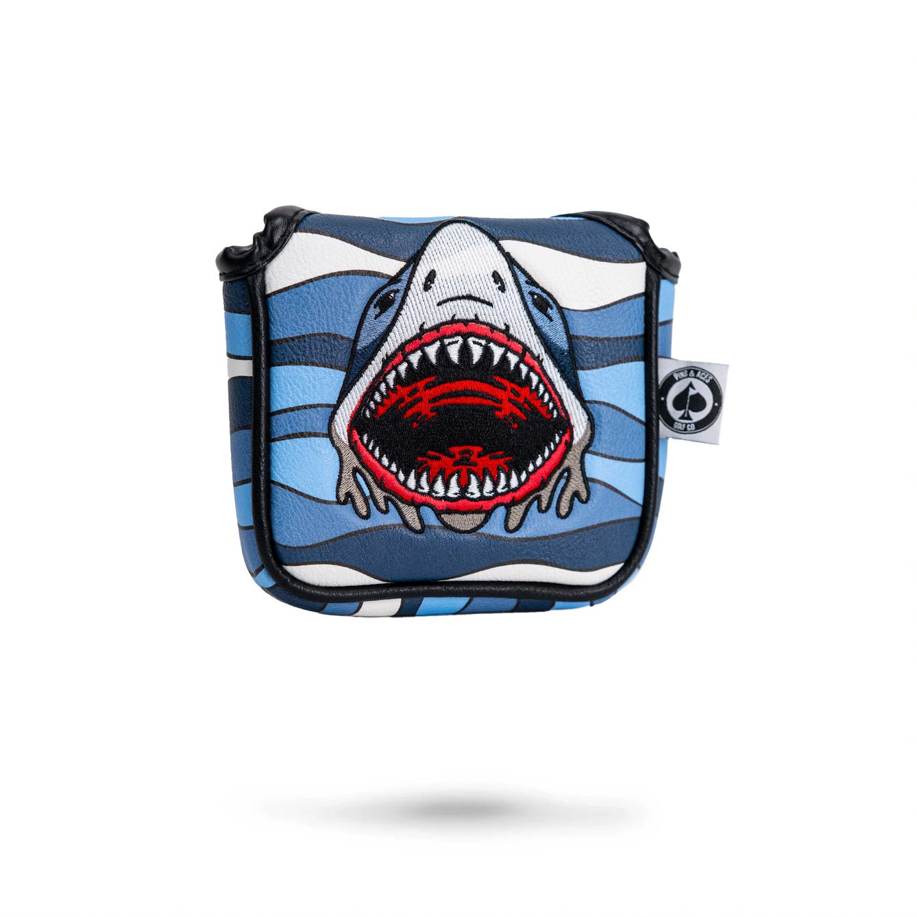 Bold shark-themed mallet cover featuring a fierce shark design with vibrant colors, perfect for standout golf style.