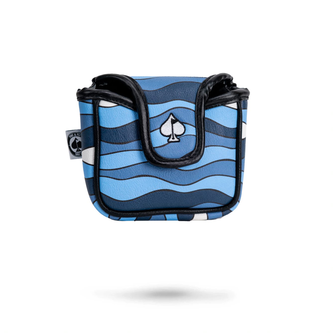 Bold blue mallet cover featuring a wave pattern and a spade logo, designed to protect putters with style.