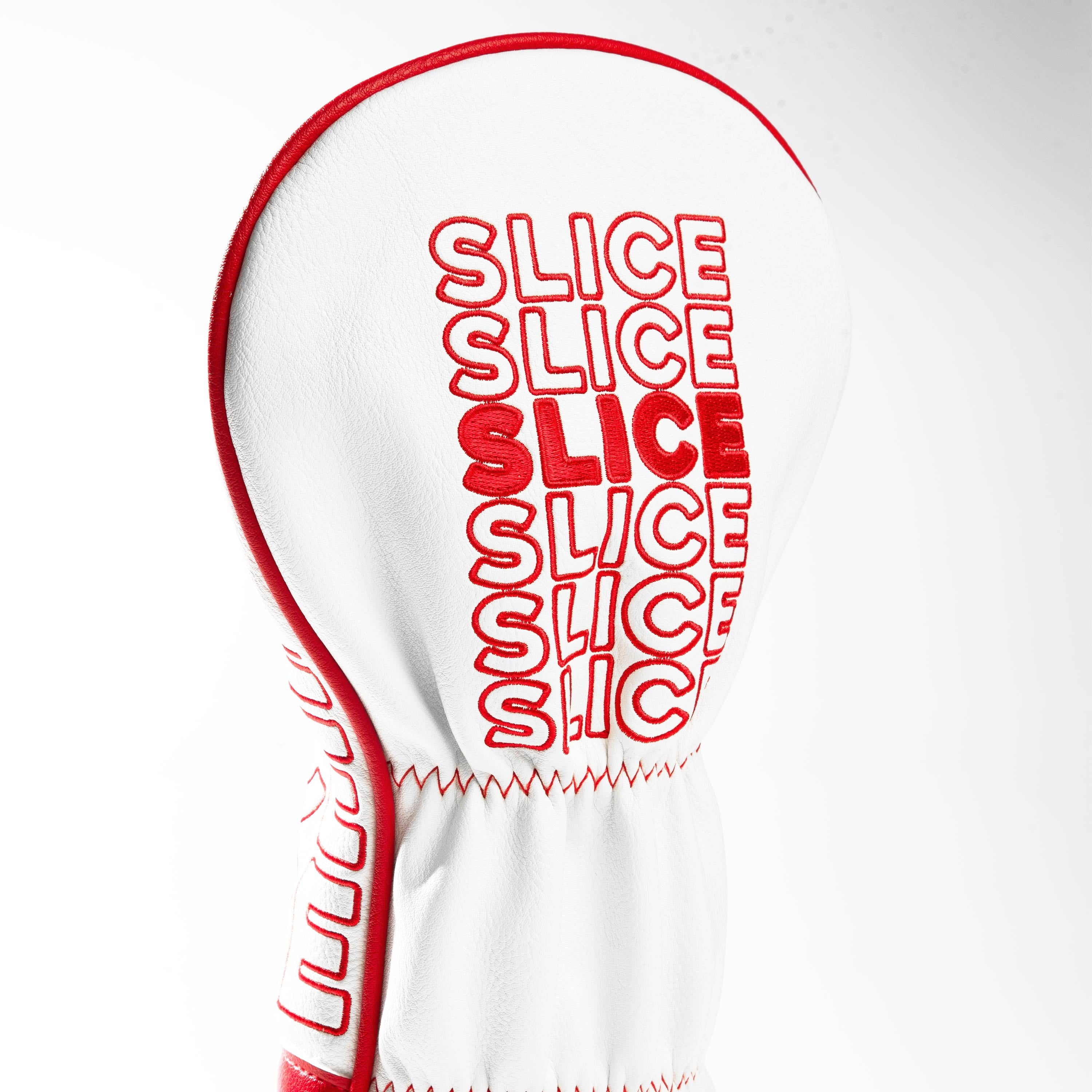 Bold white driver cover featuring repeated red "SLICE" text, designed for golfers seeking a standout accessory.