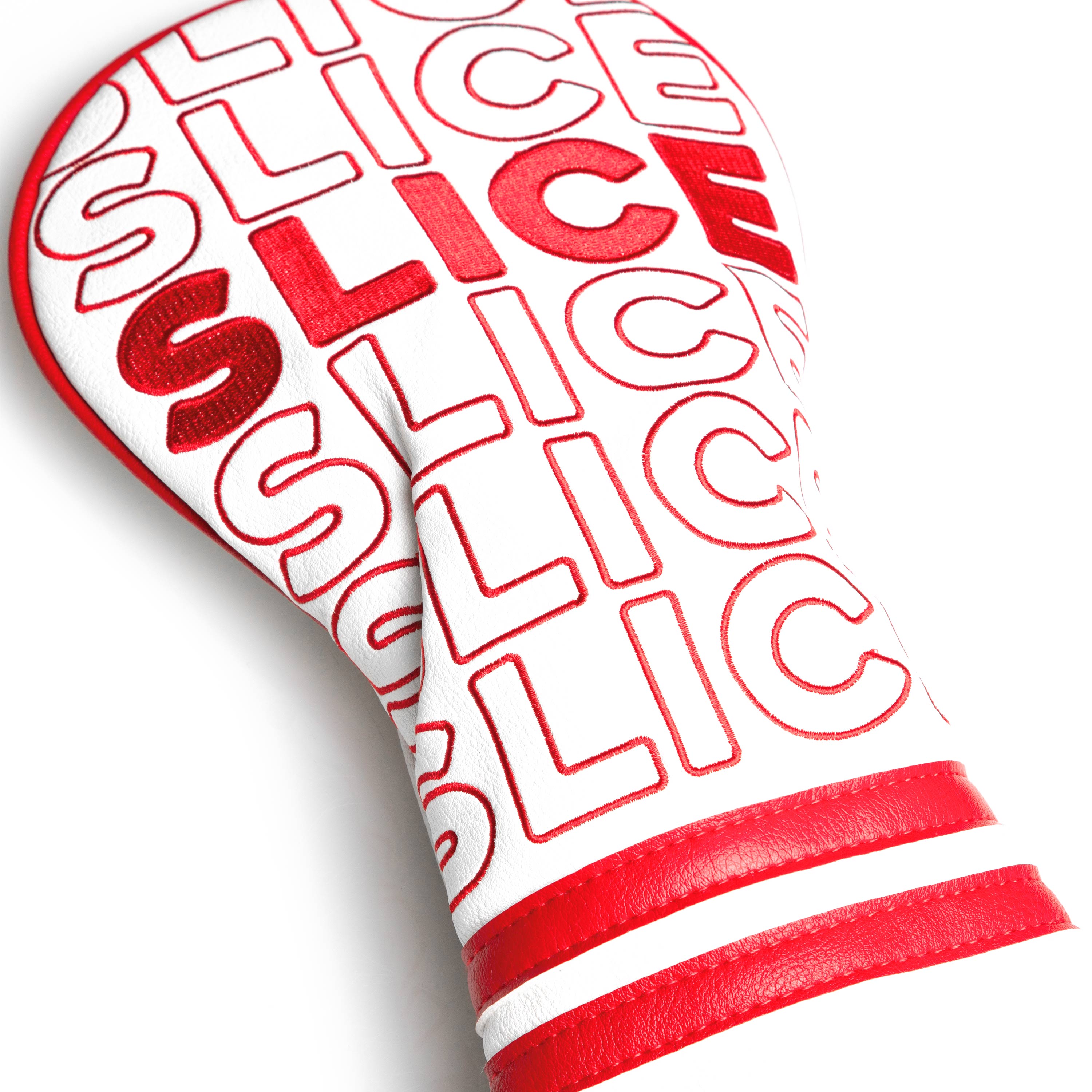 Bold red and white driver cover featuring the word "SLICE" in a repeated pattern, designed for golfers seeking a standout accessory.