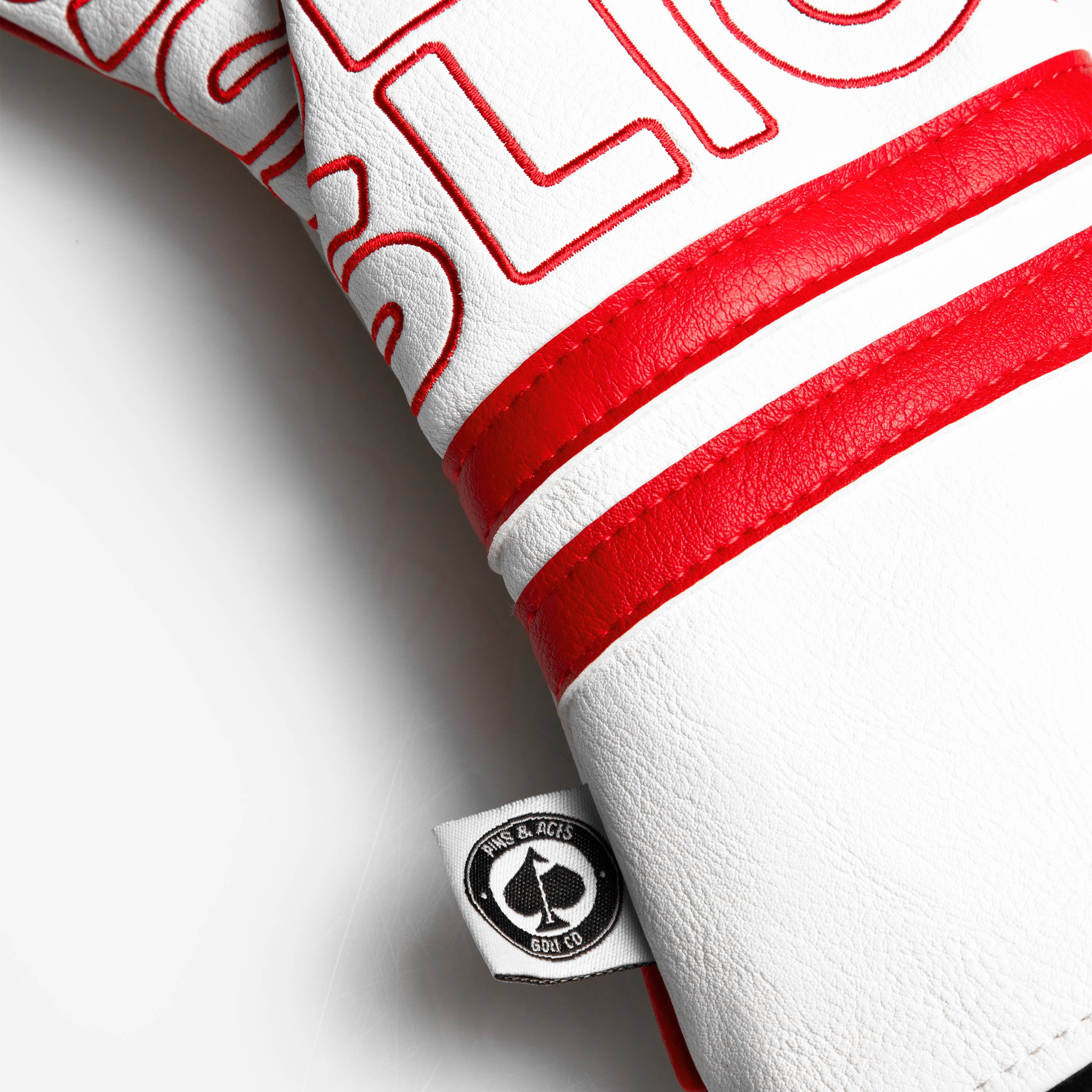 Bold white driver cover with red lettering reading "SLIC" and stylish stripes, designed for golfers who stand out.