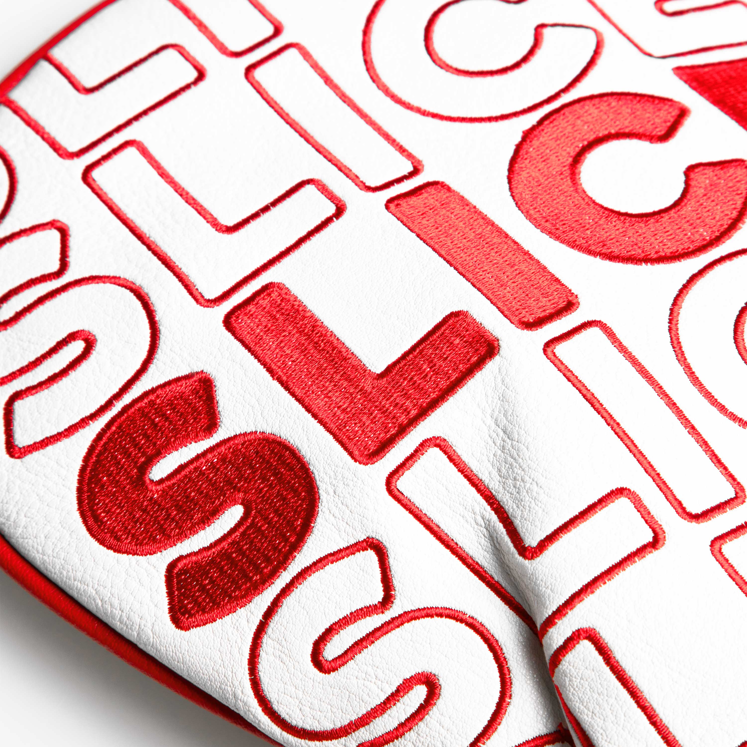 Bold red and white driver cover featuring the word "SLIC" in a stylish repeating pattern, designed for standout golf style.
