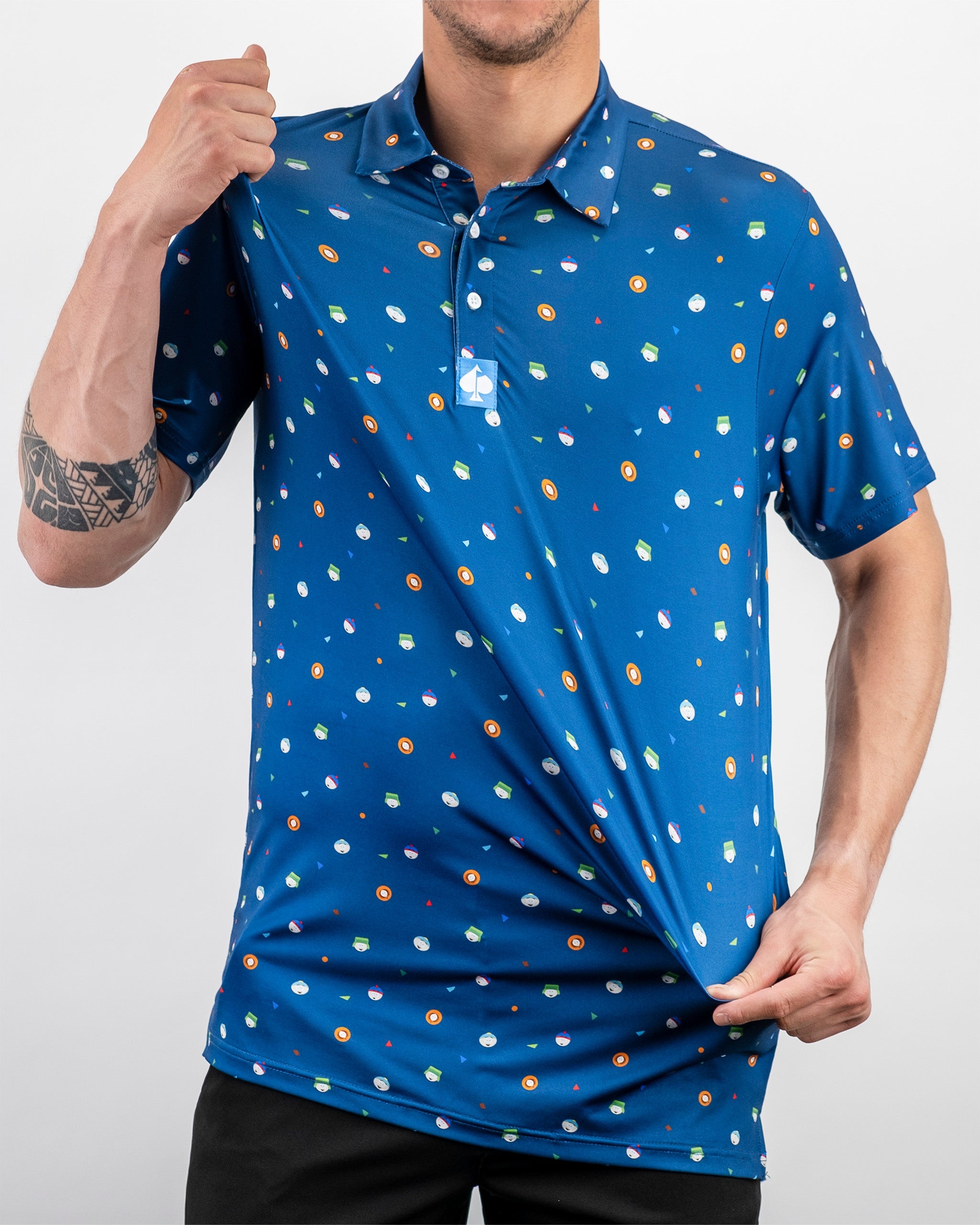Men's blue golf polo featuring a playful South Park character pattern, perfect for making a bold statement on the course.