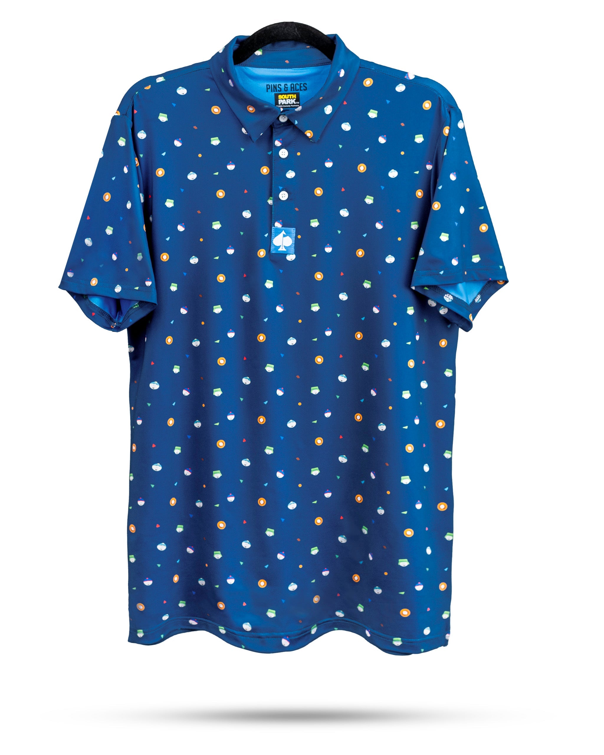 Bold blue golf polo shirt featuring a playful pattern of colorful dots, designed for fans of South Park and stylish golfers.