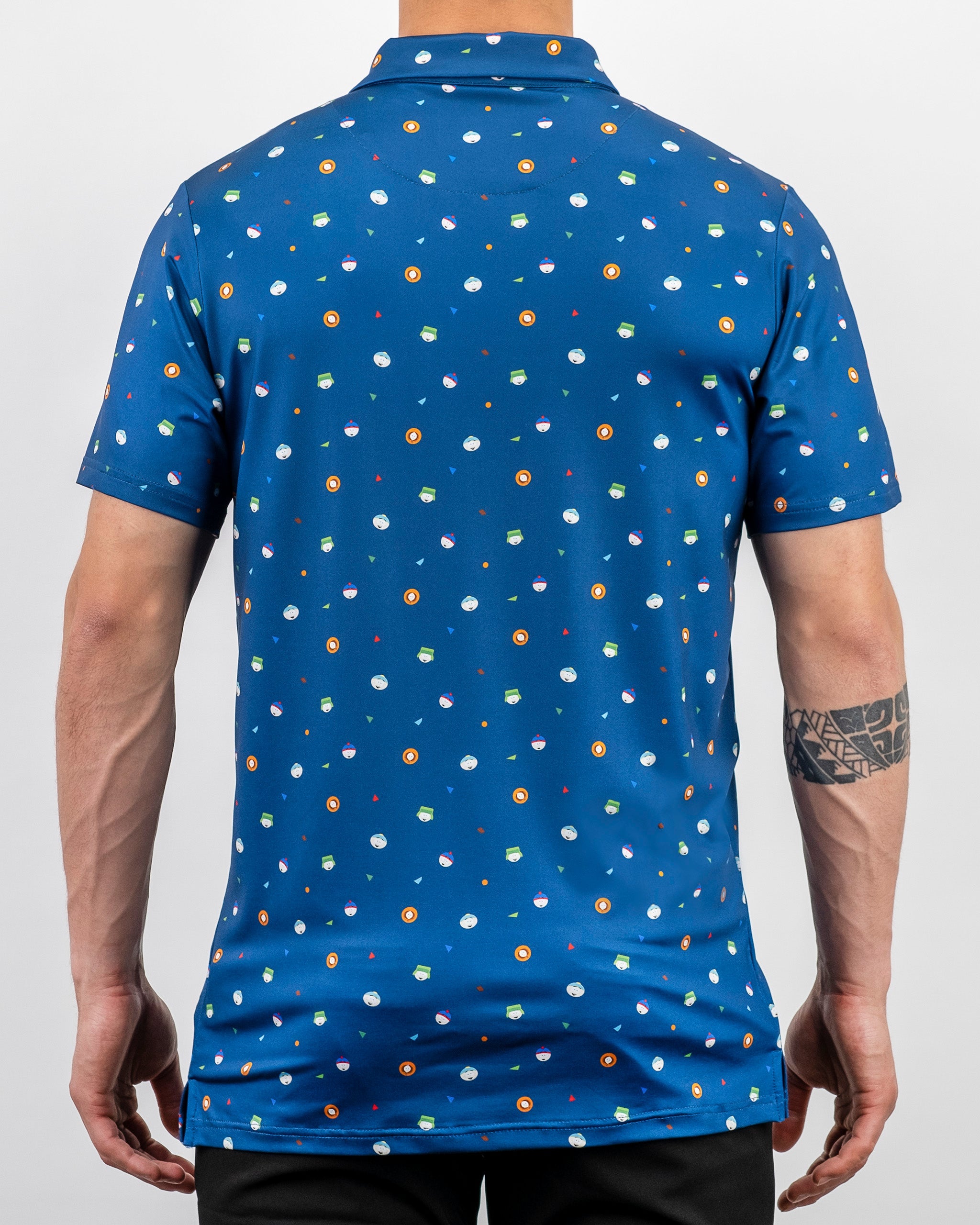Men's South Park Classic polo shirt featuring a vibrant blue background with colorful, playful patterns.