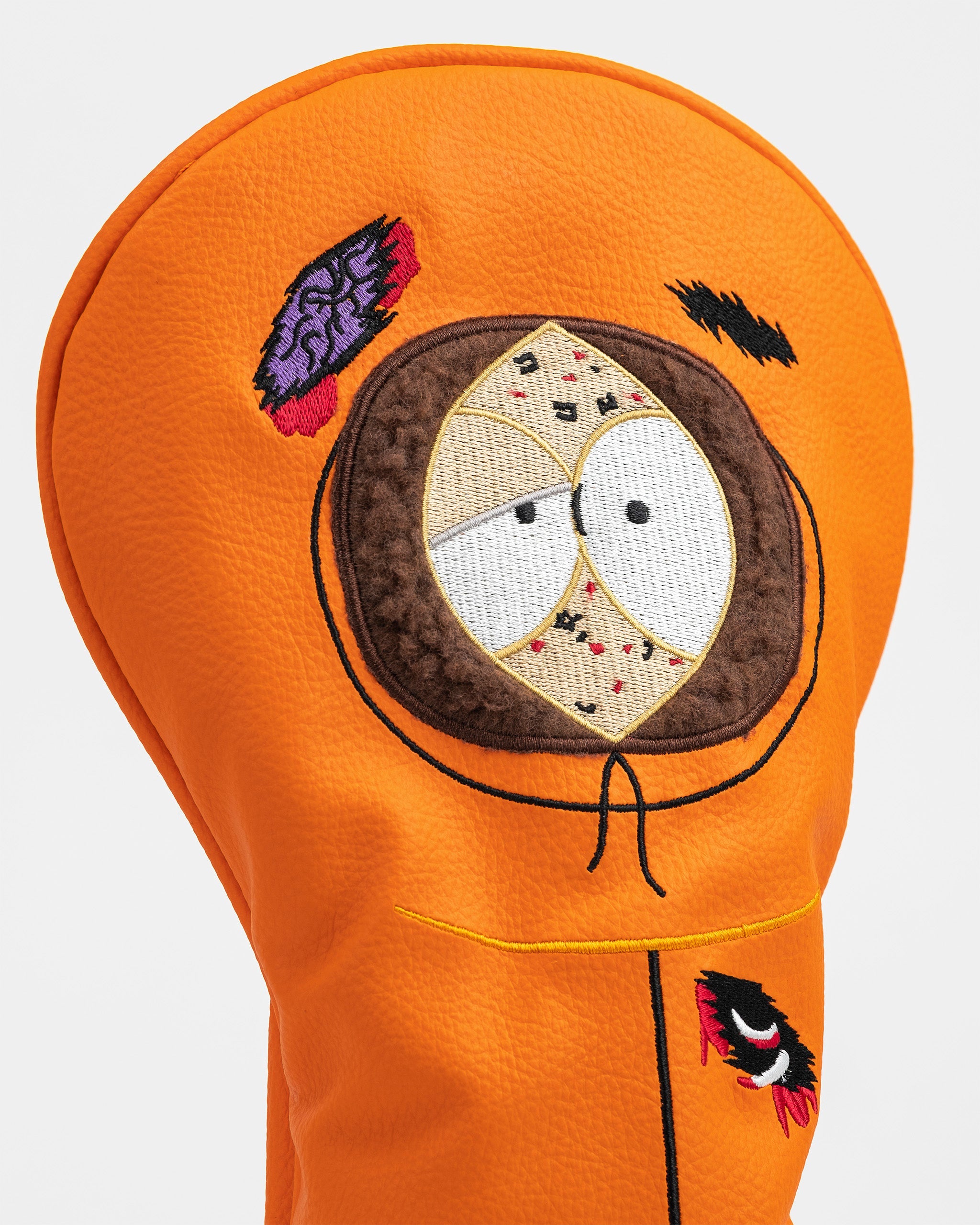 Kenny driver cover featuring vibrant orange design and detailed embroidery of Kenny's face from South Park.