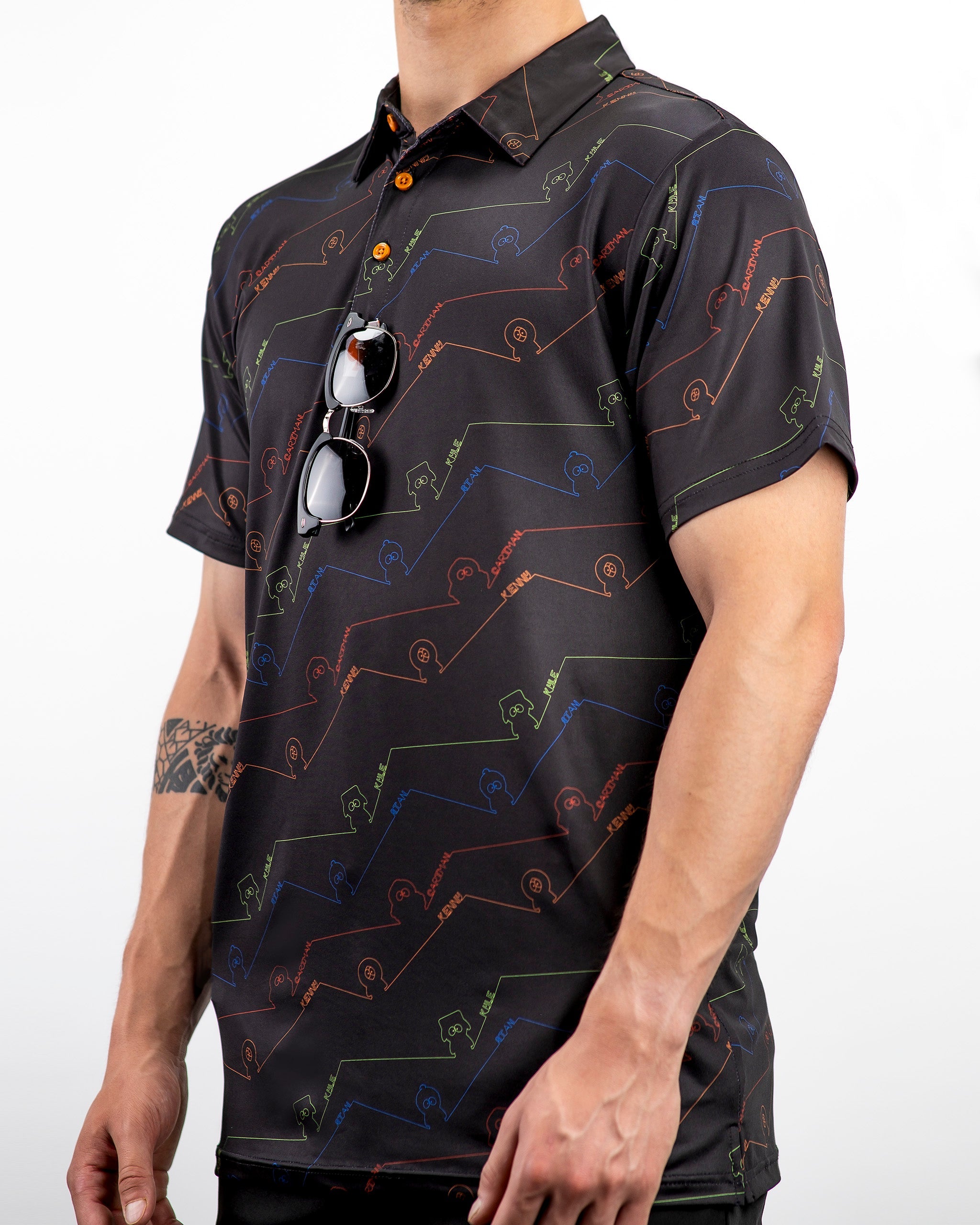Men's South Park Signature polo shirt featuring a colorful graphic design and a modern fit, perfect for golf enthusiasts.