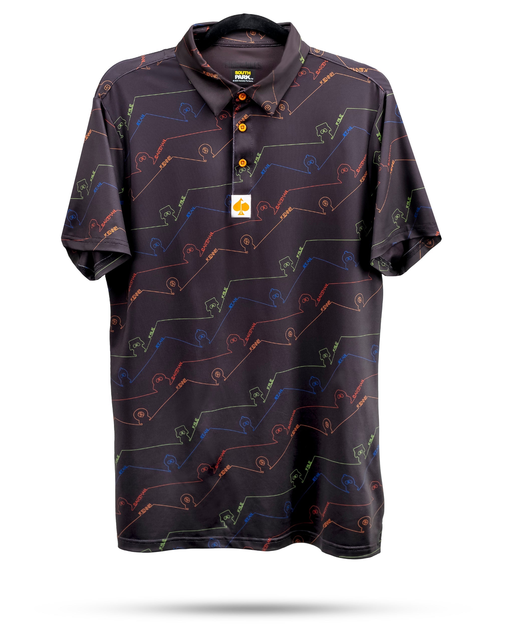 Bold black polo shirt featuring a colorful South Park signature pattern, perfect for golfers wanting to showcase their unique style.