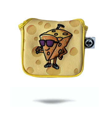 Bold golf mallet cover featuring a cartoon cheese character with sunglasses on a yellow cheese-patterned background.