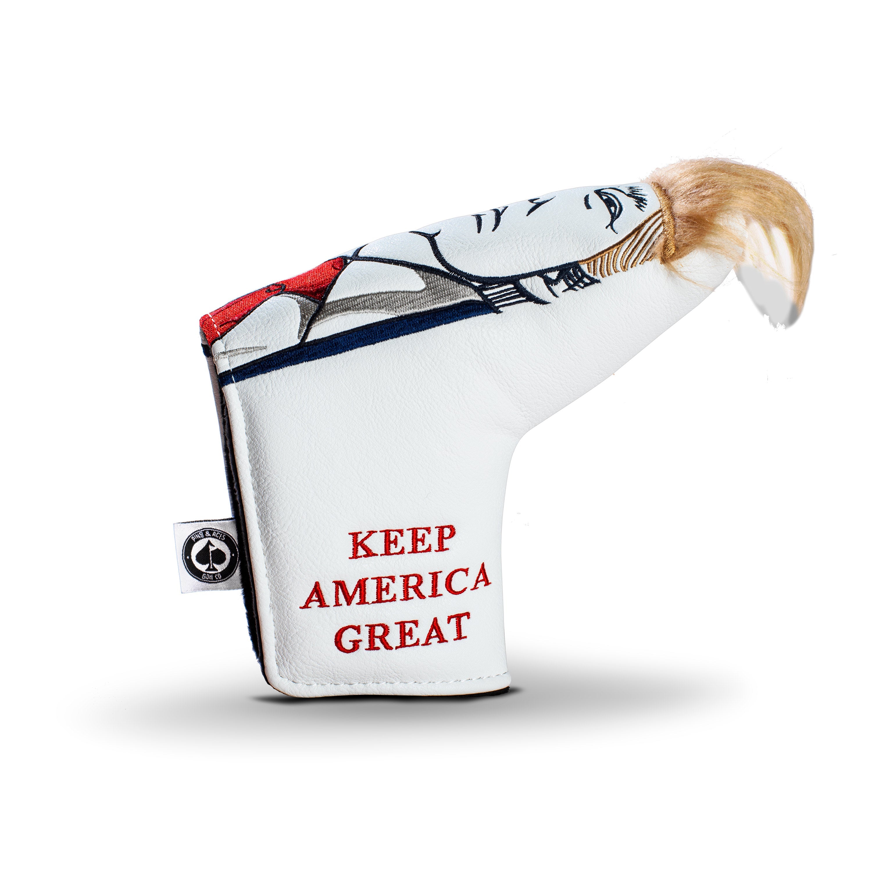 Bold Trump-themed blade putter cover featuring a caricature design and the phrase "KEEP AMERICA GREAT." Perfect for standout golfers.