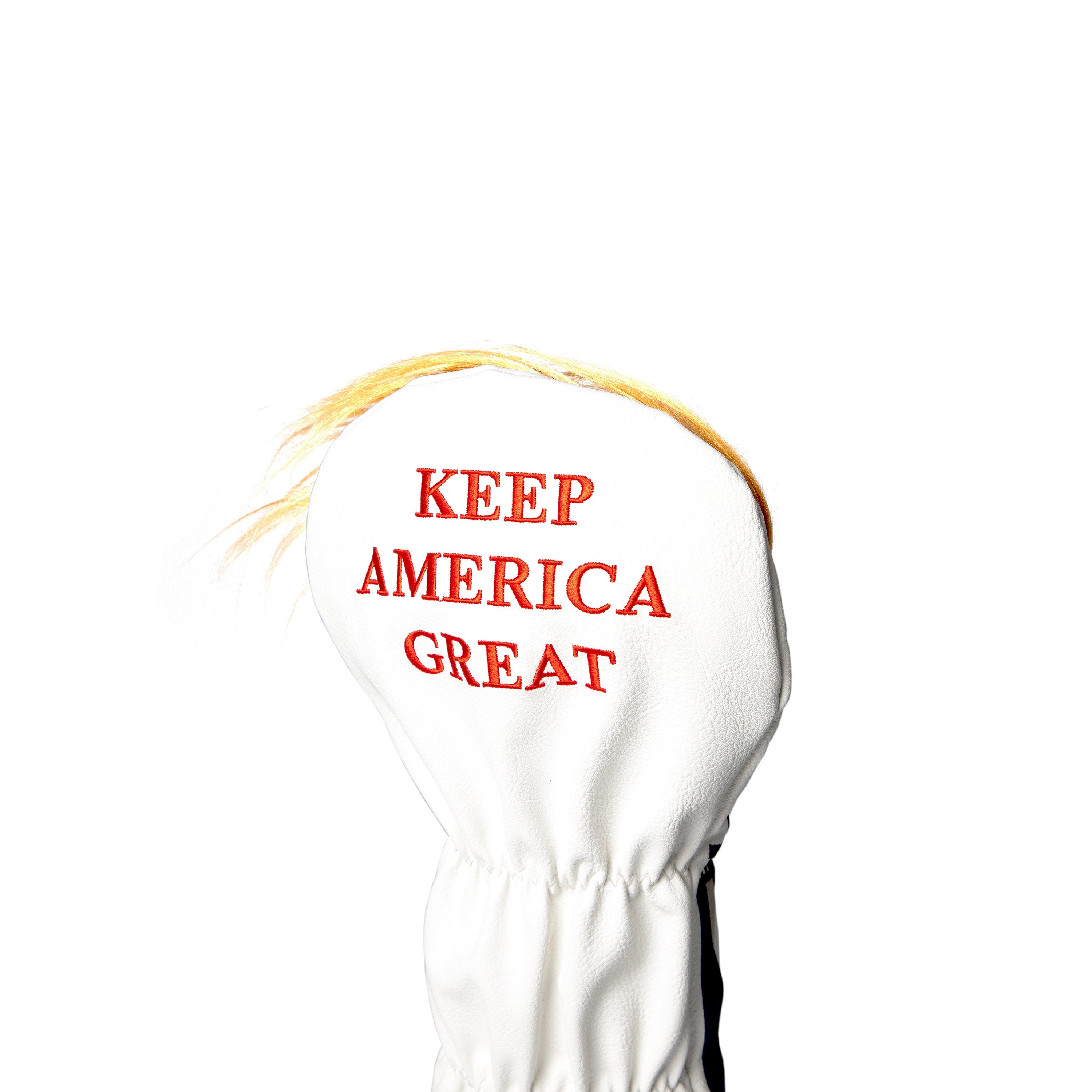 White golf driver cover featuring "KEEP AMERICA GREAT" in bold red lettering, designed for a standout look on the course.