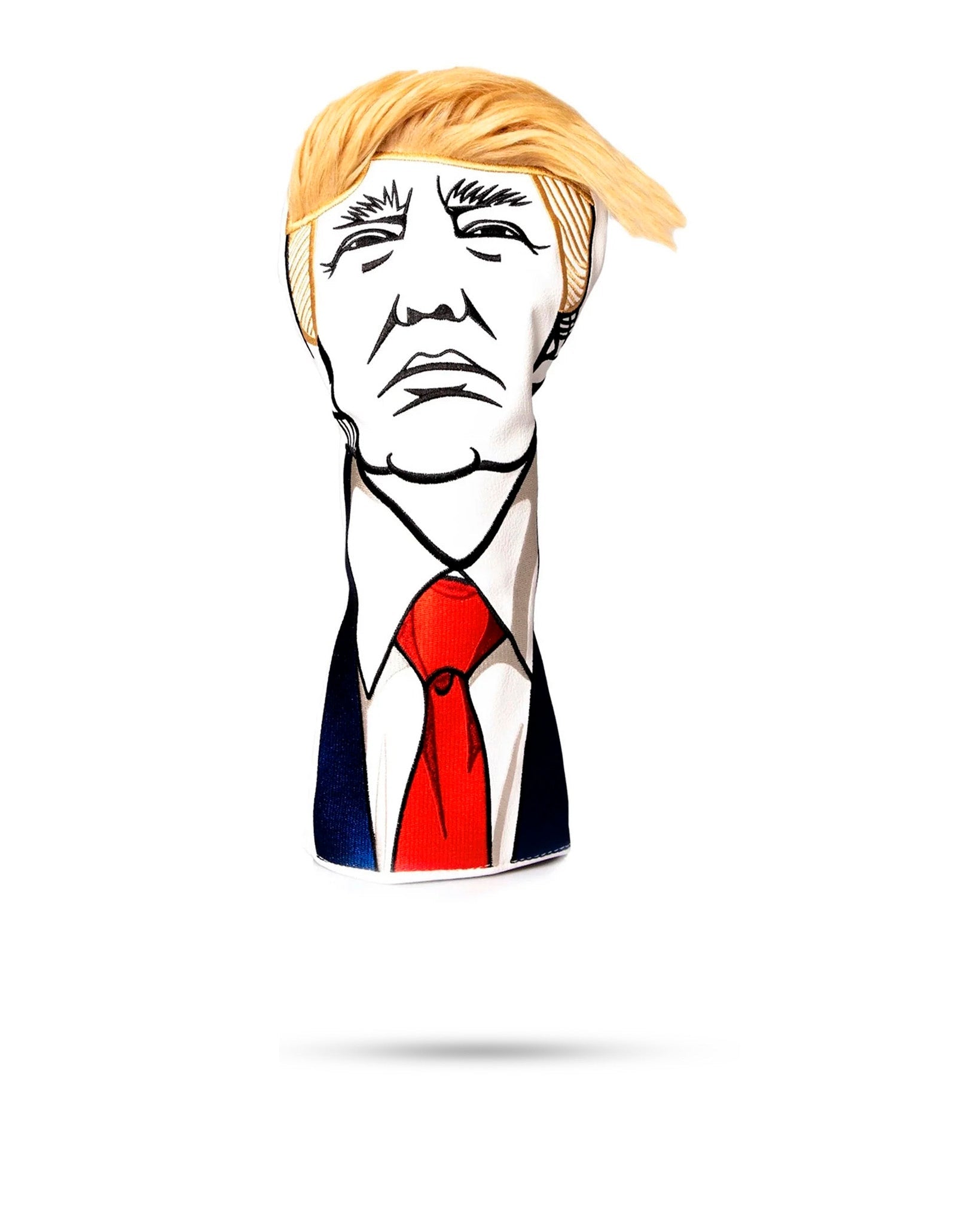 Bold golf headcover featuring a caricature of a businessman with distinctive hair and a suit, designed to stand out on the course.