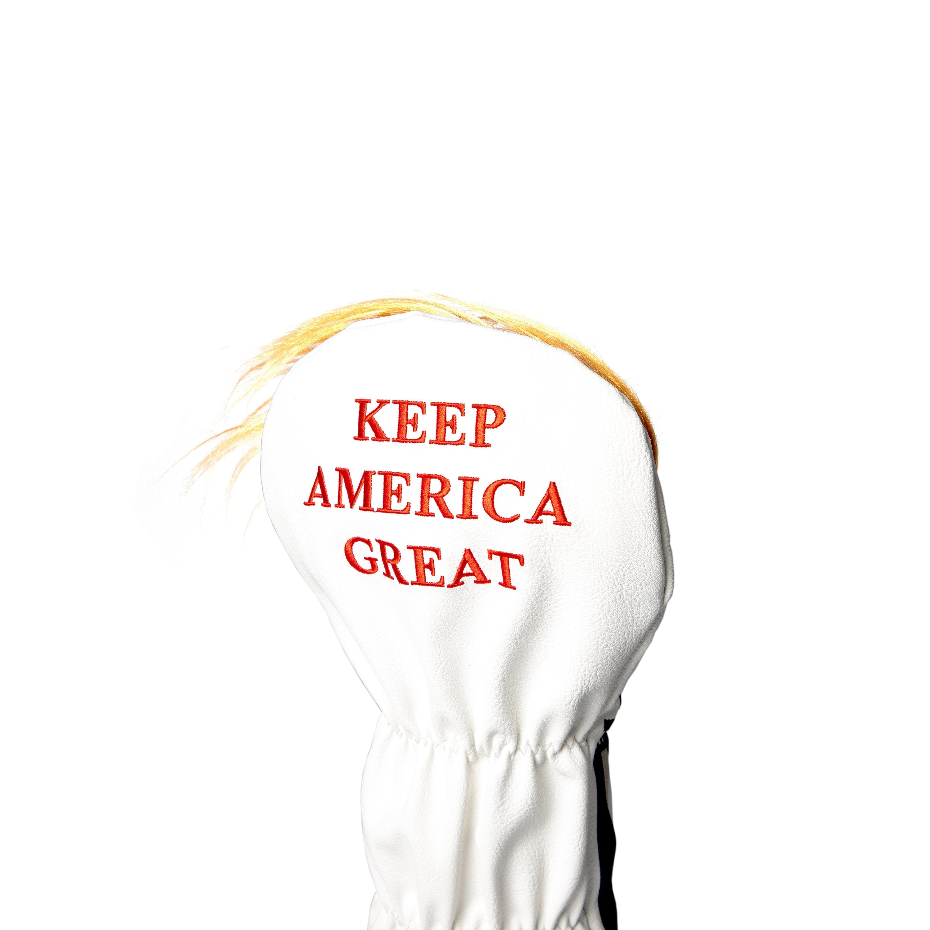 White golf fairway cover featuring "KEEP AMERICA GREAT" in bold red lettering, designed for a standout look on the course.