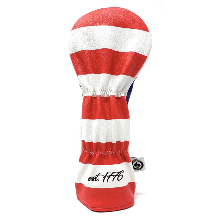 Bold red, white, and blue fairway cover featuring stripes and "est. 1776" for a patriotic golf accessory.