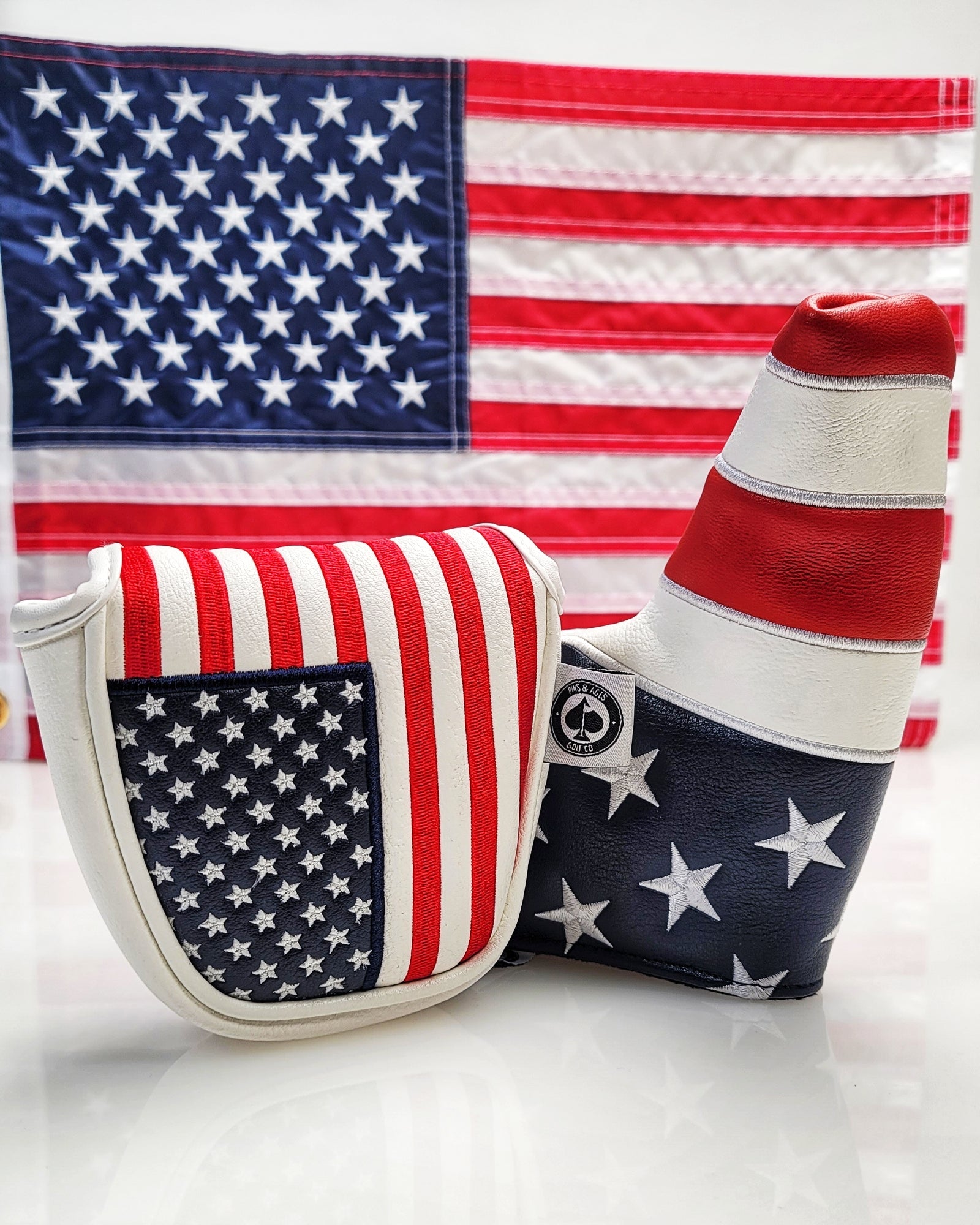USA Tribute mallet putter cover featuring a bold American flag design with stars and stripes for patriotic golfers.