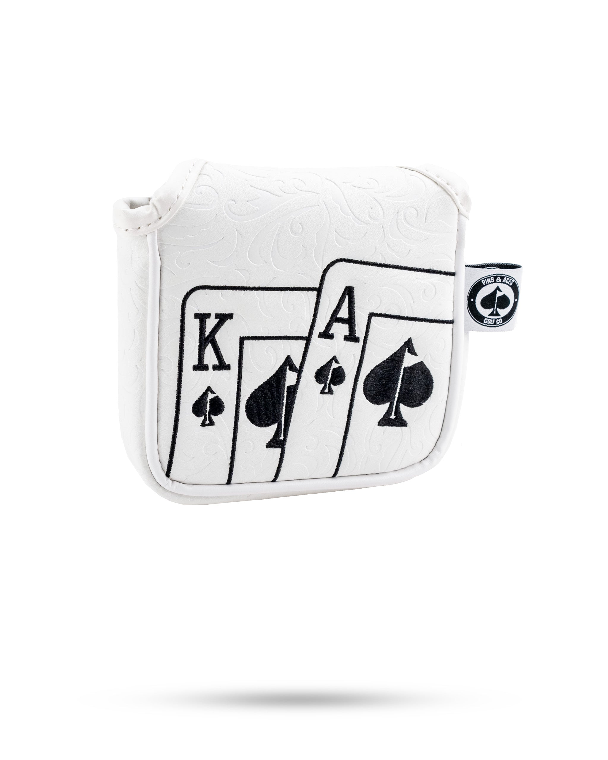 White mallet putter cover featuring an Ace of Spades design, perfect for golfers seeking a bold and stylish accessory.